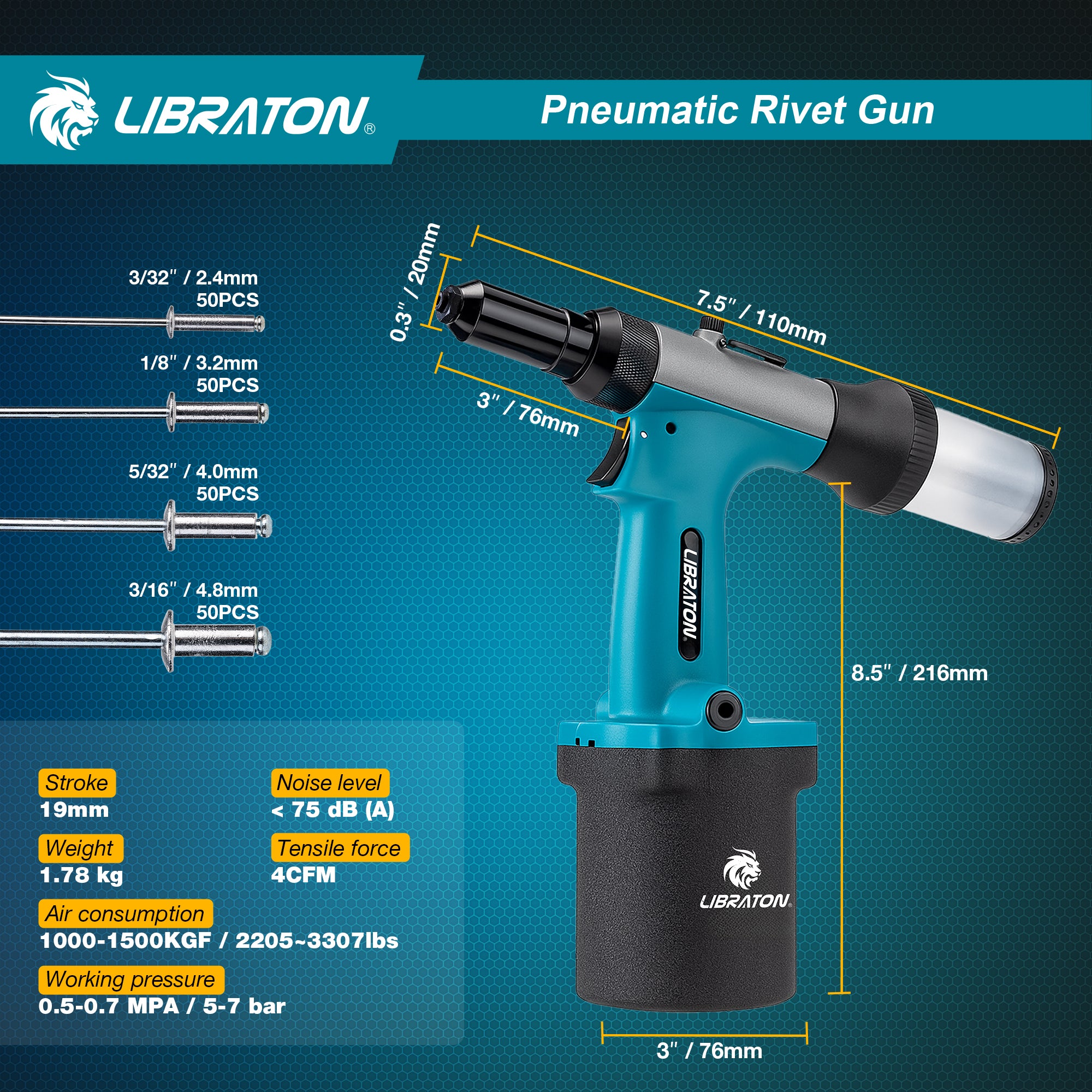 LIBRATON Pneumatic Rivet Gun Kit, Heavy Duty Air Riveter Tool