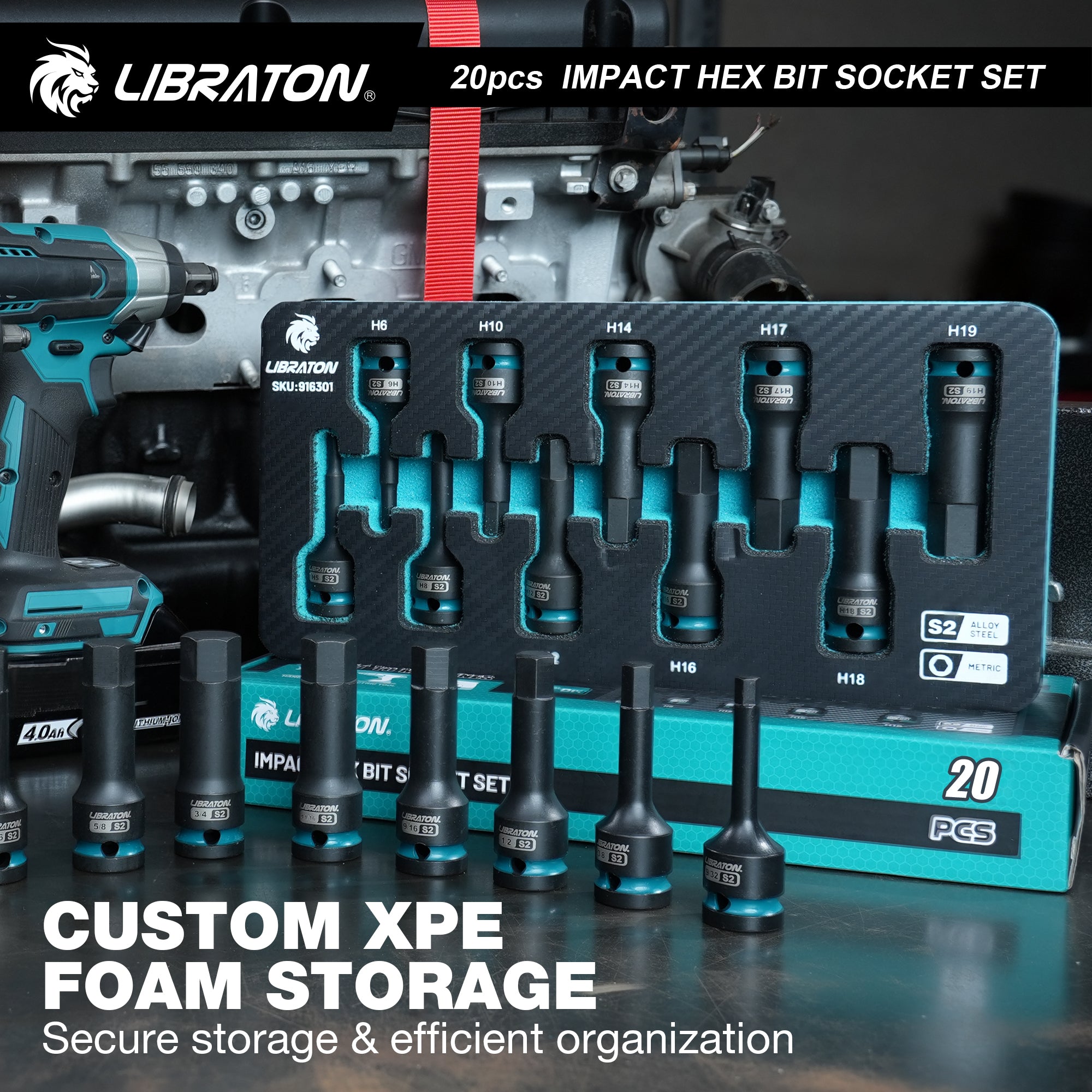 Libraton 20PCS 1/2" Drive Impact Hex Bit Socket Set, S2 Steel, Metric & SAE