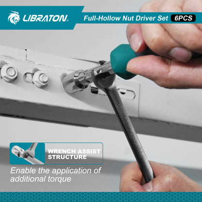 LIBRATON 6-Pc SAE Full-Hollow Nut Drivers – 12-Point Magnetic, 1/4" to 1/2" (6 Sizes), Long-Bolt Ready