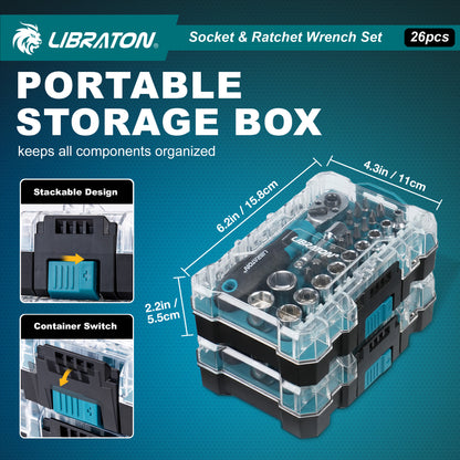 Libraton 26PCS 1/4" Drive Mini Socket & Ratchet Wrench Set with Bits