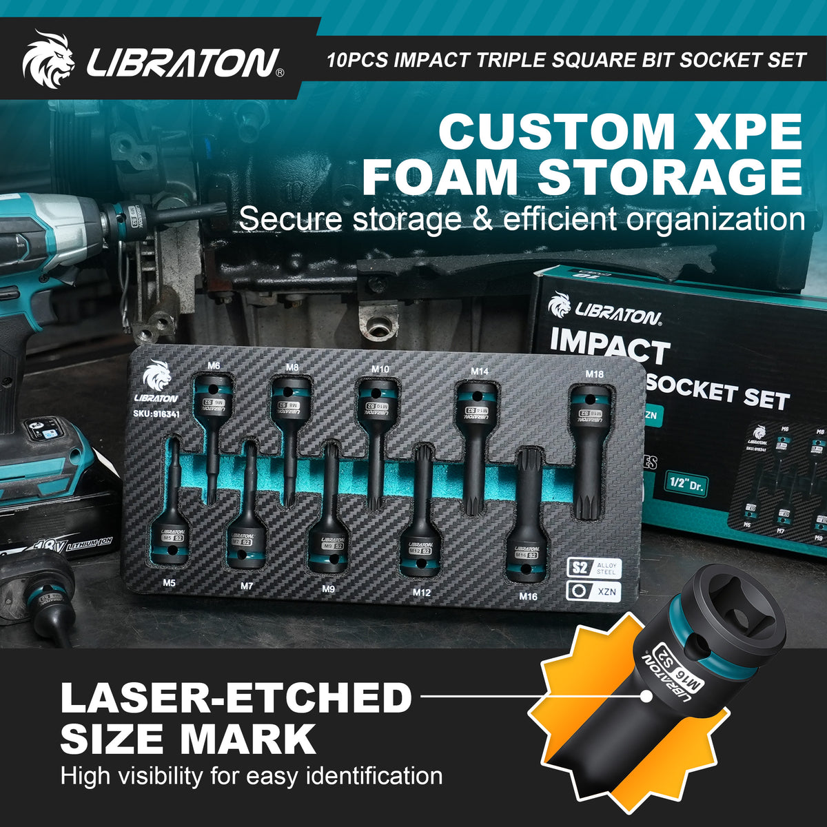 Libraton 10PCS 1/2" Drive Impact XZN Triple Square Bit Socket Set, S2 Steel