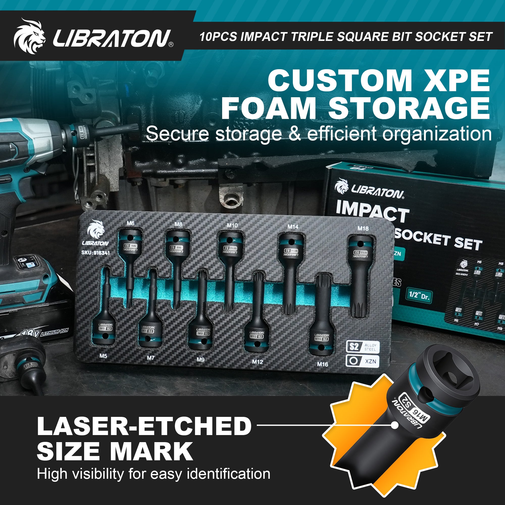 Libraton 10PCS 1/2" Drive Impact XZN Triple Square Bit Socket Set, S2 Steel