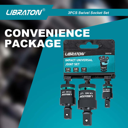 Libraton 3-Piece Impact Swivel Socket Set – 1/4", 3/8", 1/2" Drive, Cr-Mo Flex Joints