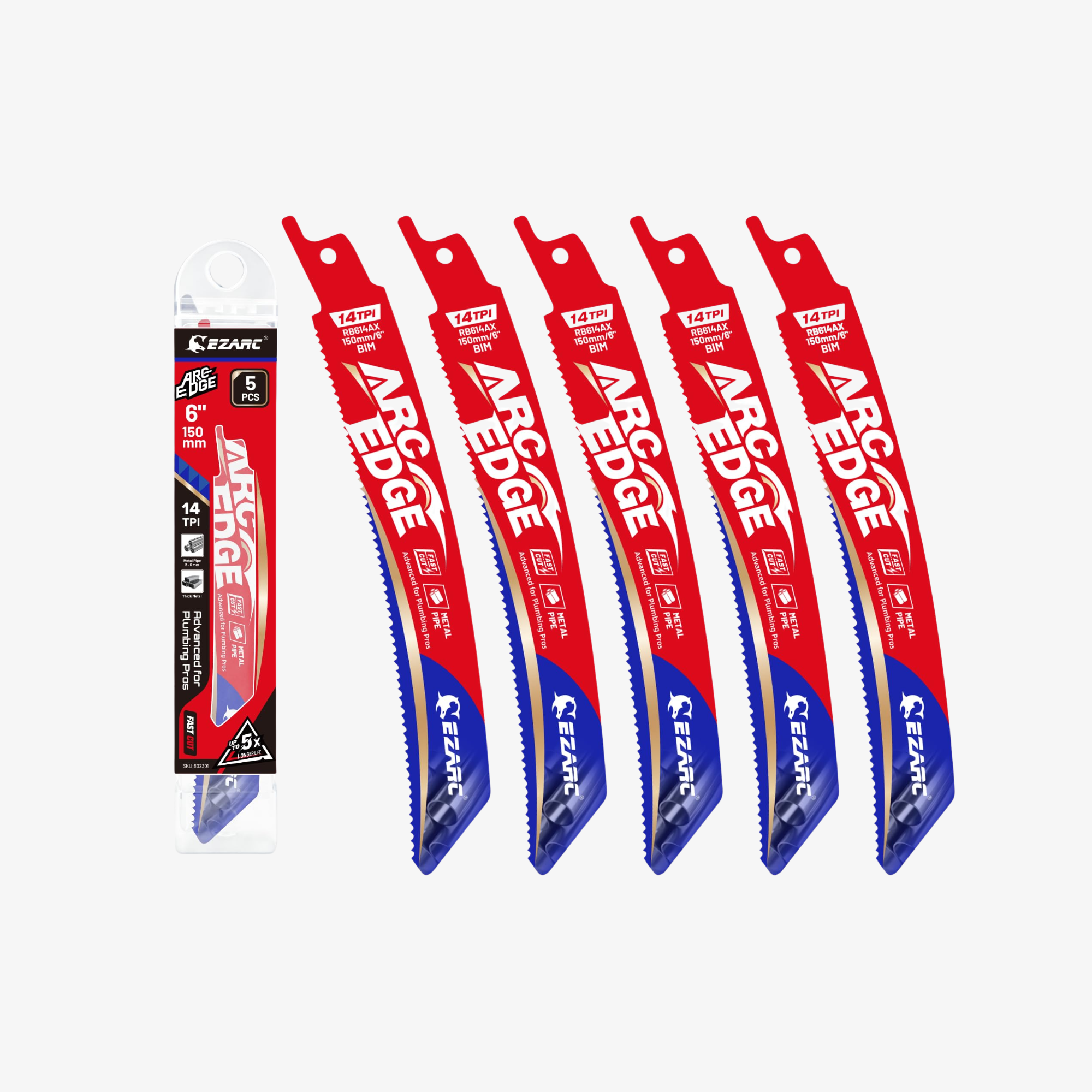 Arc Edge Bi-Metal Reciprocating Saw Blade, 6"/8"/10", 14TPI, 5pack