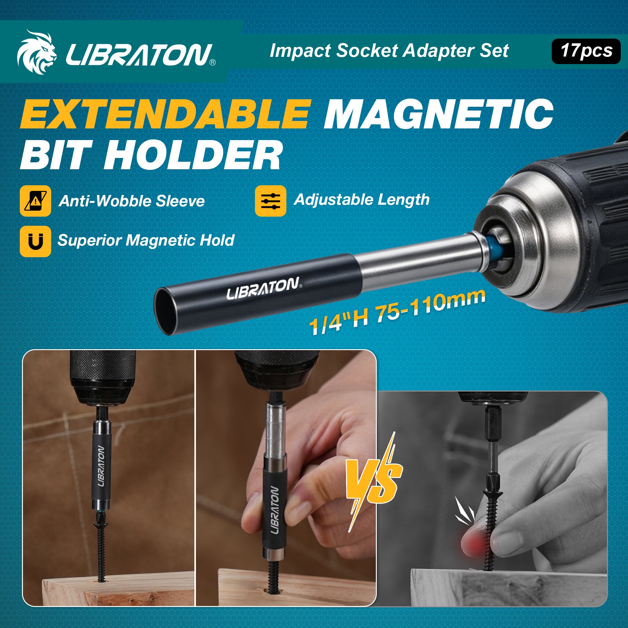 LIBRATON 17PCS Impact Socket Adapter Set | 1/4", 3/8", 1/2" Drive Adapters with Quick Release Holder & Extension Accessories