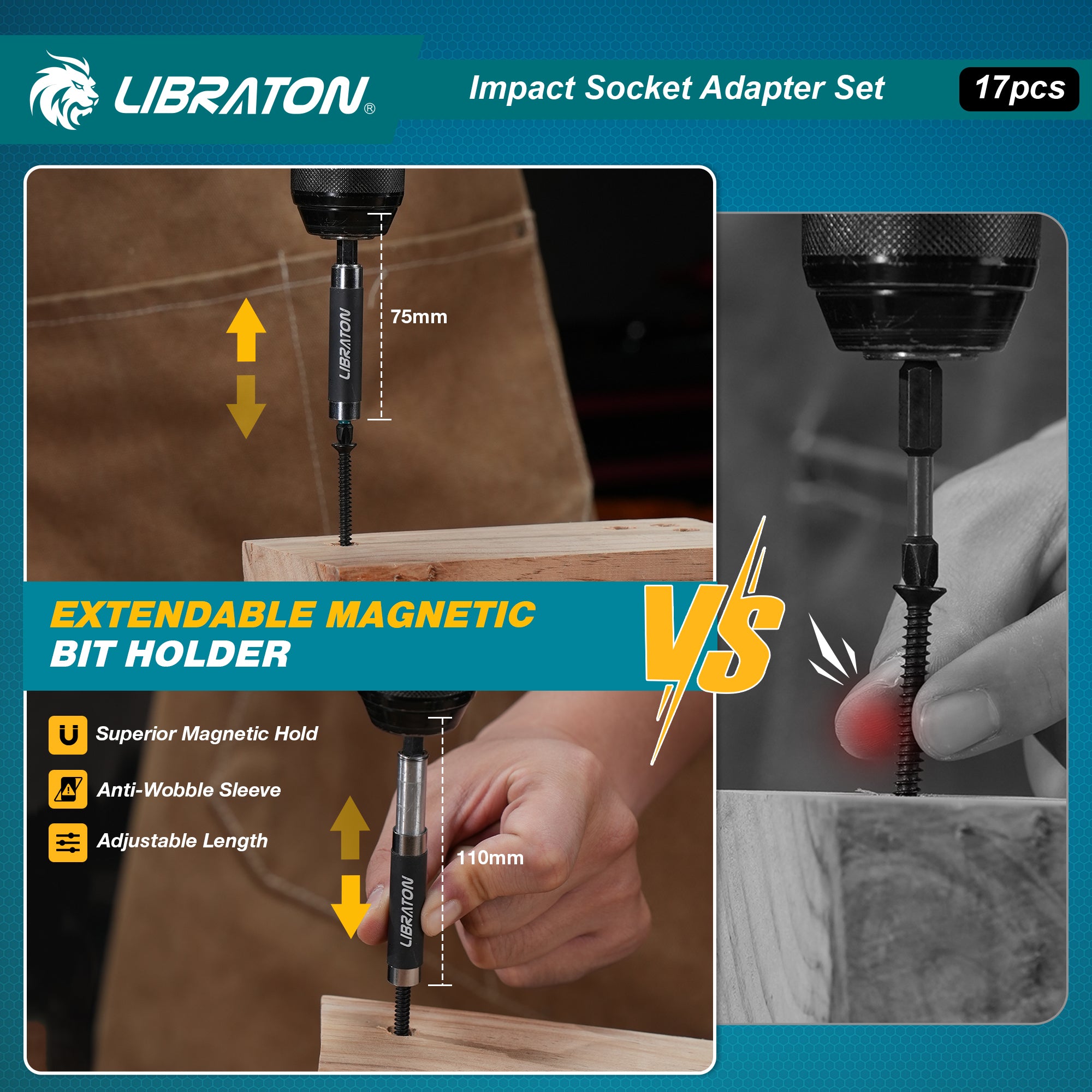LIBRATON 17PCS Impact Socket Adapter Set | 1/4", 3/8", 1/2" Drive Adapters with Quick Release Holder & Extension Accessories