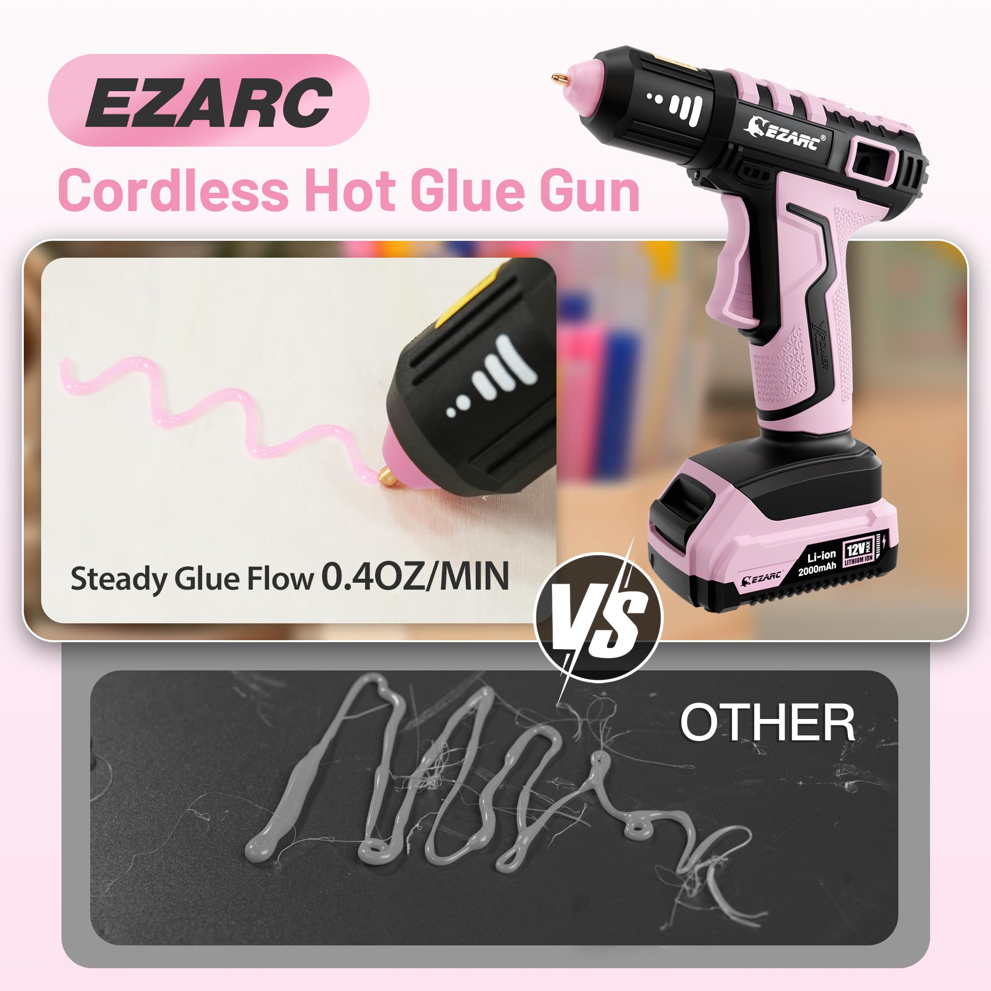 EZARC Pink Cordless Hot Glue Gun, 15s Fast Heating 12V Mini Glue Gun for DIY Crafts, Home Repairs with 50 Mini Glue Sticks