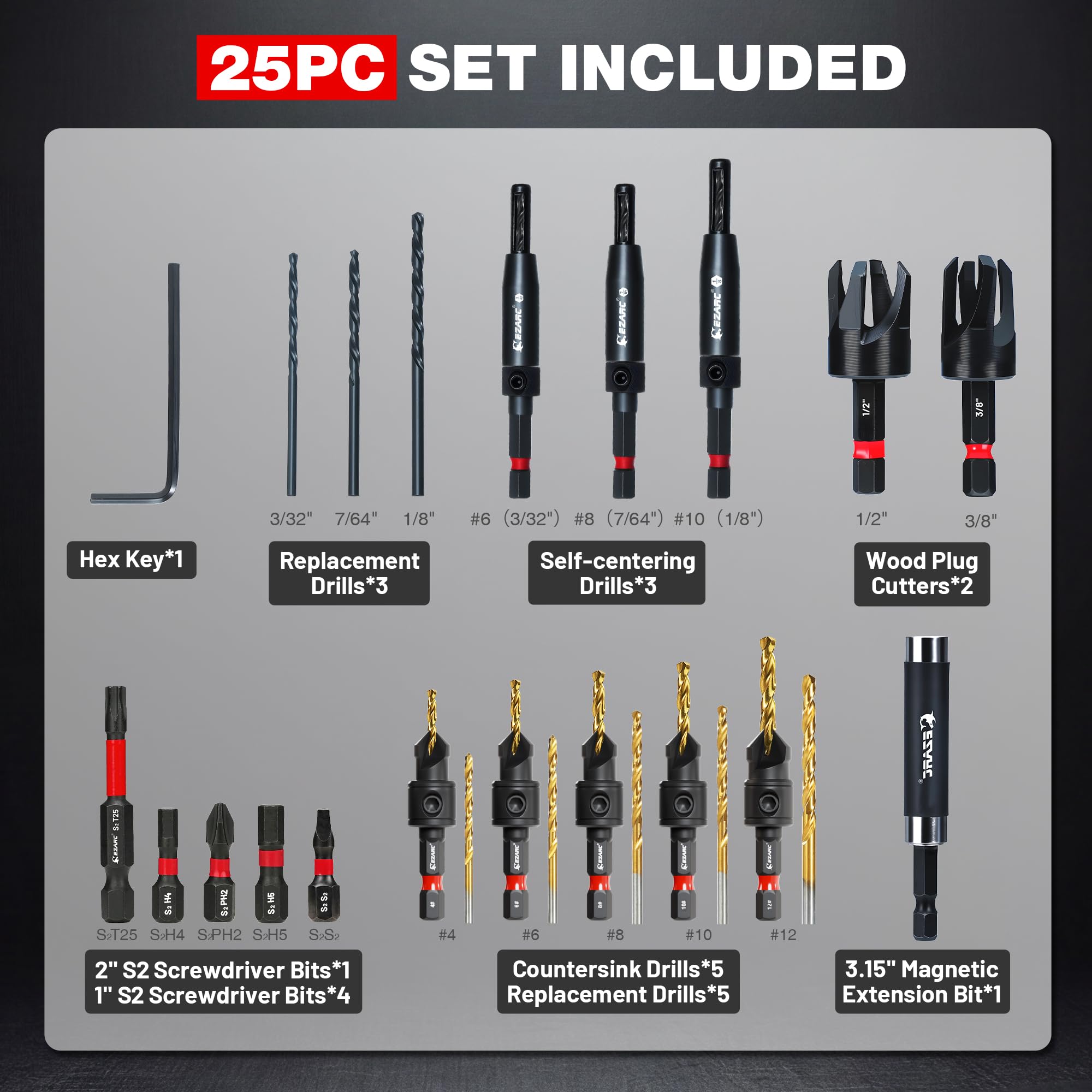 25PCS Countersink Drill Bit Set with Self Centering Drill Bits
