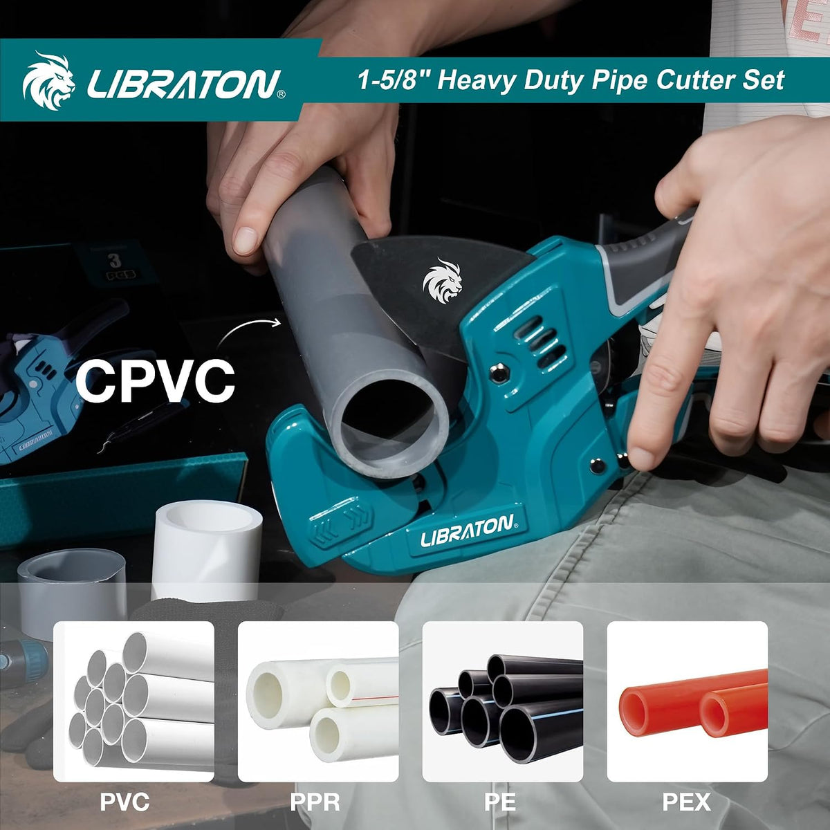 LIBRATON Adjustable Ratchet PVC Pipe Cutter, 1-5/8 Inch, with Deburring Tool - 8