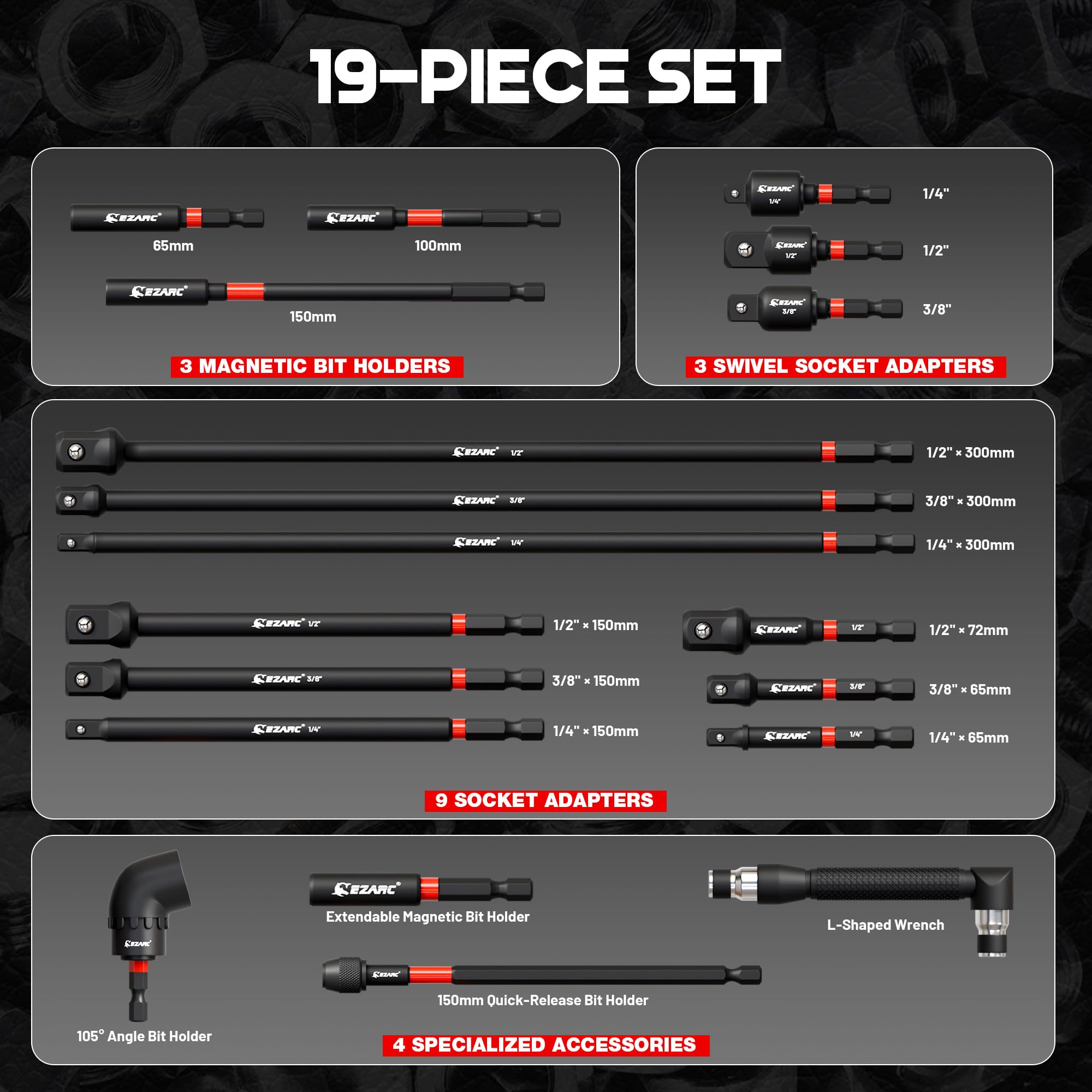 19PCS Impact Socket Adapter Set for Automotive Repair, include Oxford roll pouch
