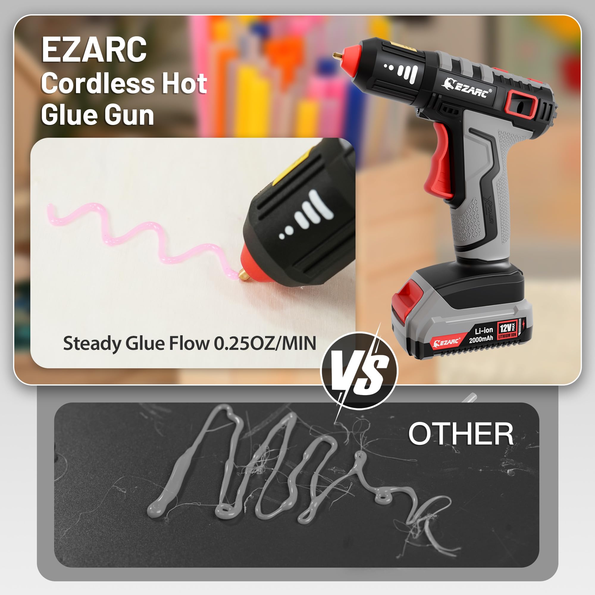 EZARC 12V Fast Heat Cordless Glue Gun with 50 Glue Sticks for DIY, Crafts & Repairs