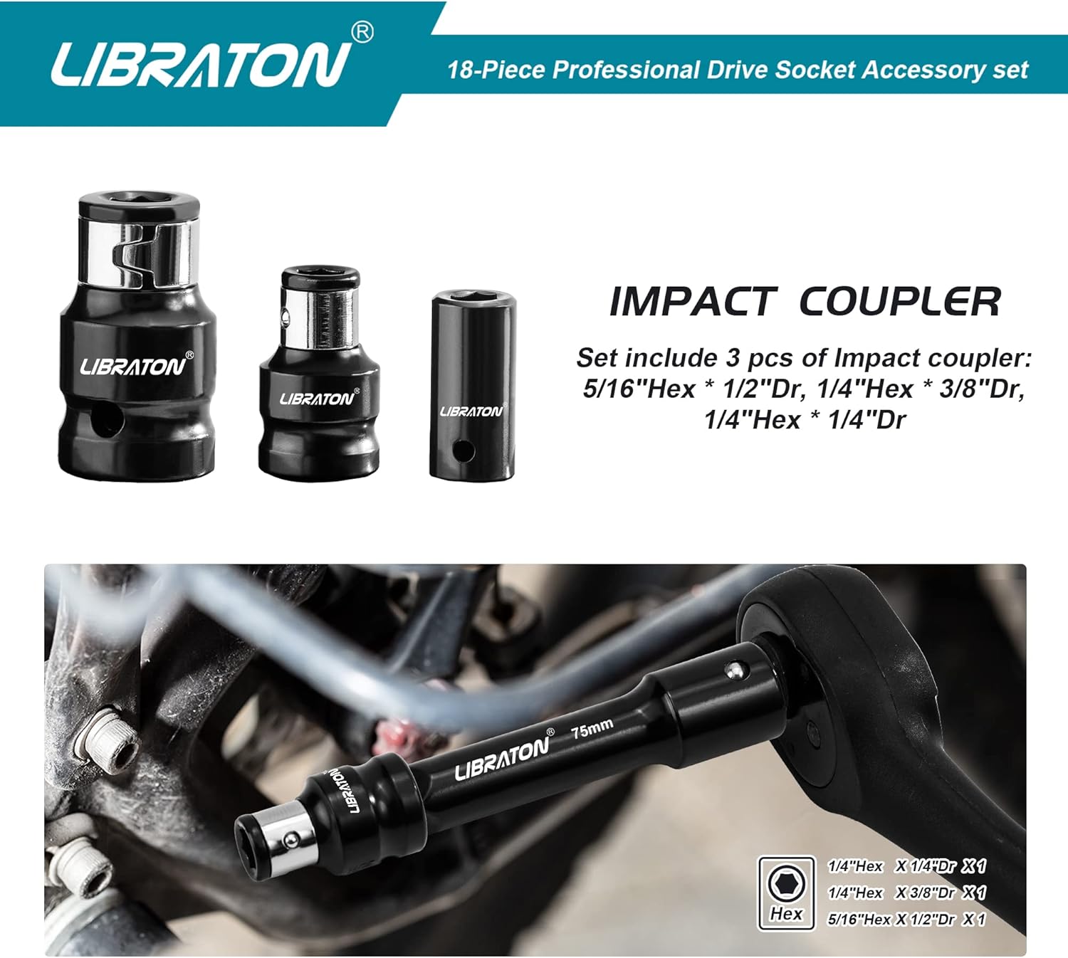 Libraton 18PCS Socket Extension and Ratchet Accessory Set, 1/4" 3/8" 1/2"