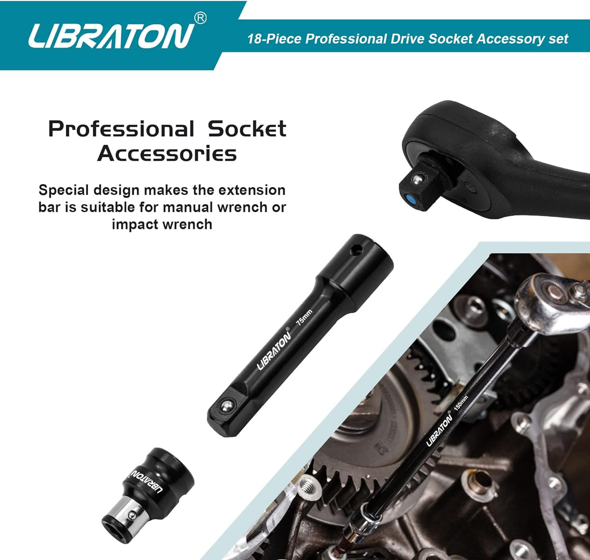 Libraton 18PCS Socket Extension and Ratchet Accessory Set, 1/4" 3/8" 1/2"