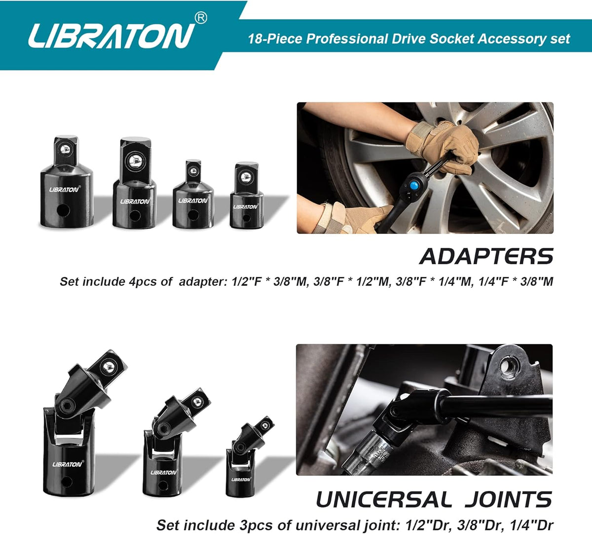 Libraton 18PCS Socket Extension and Ratchet Accessory Set, 1/4" 3/8" 1/2"
