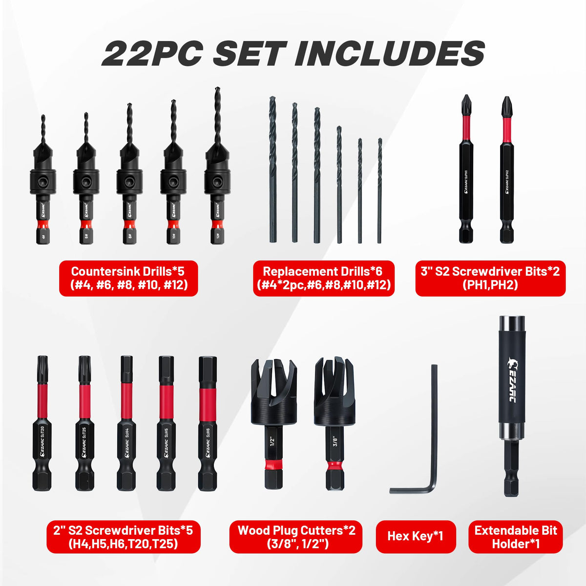 22 PCS Countersink Drill Bit Set with Plug Cutters, Screwdriver Bits & Magnetic Bit Holder, 1/4" Hex Shank for Woodworking