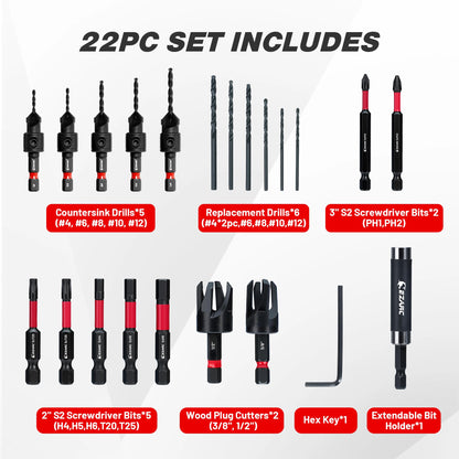 22 PCS Countersink Drill Bit Set with Plug Cutters, Screwdriver Bits & Magnetic Bit Holder, 1/4" Hex Shank for Woodworking