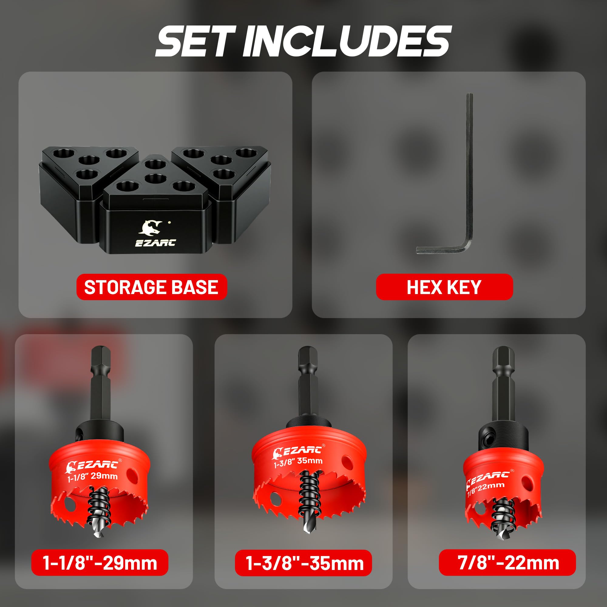 Thin Wall Hole Saw Kit, 7/8", 1-1/8", 1-3/8", Hex Key, Storage Base