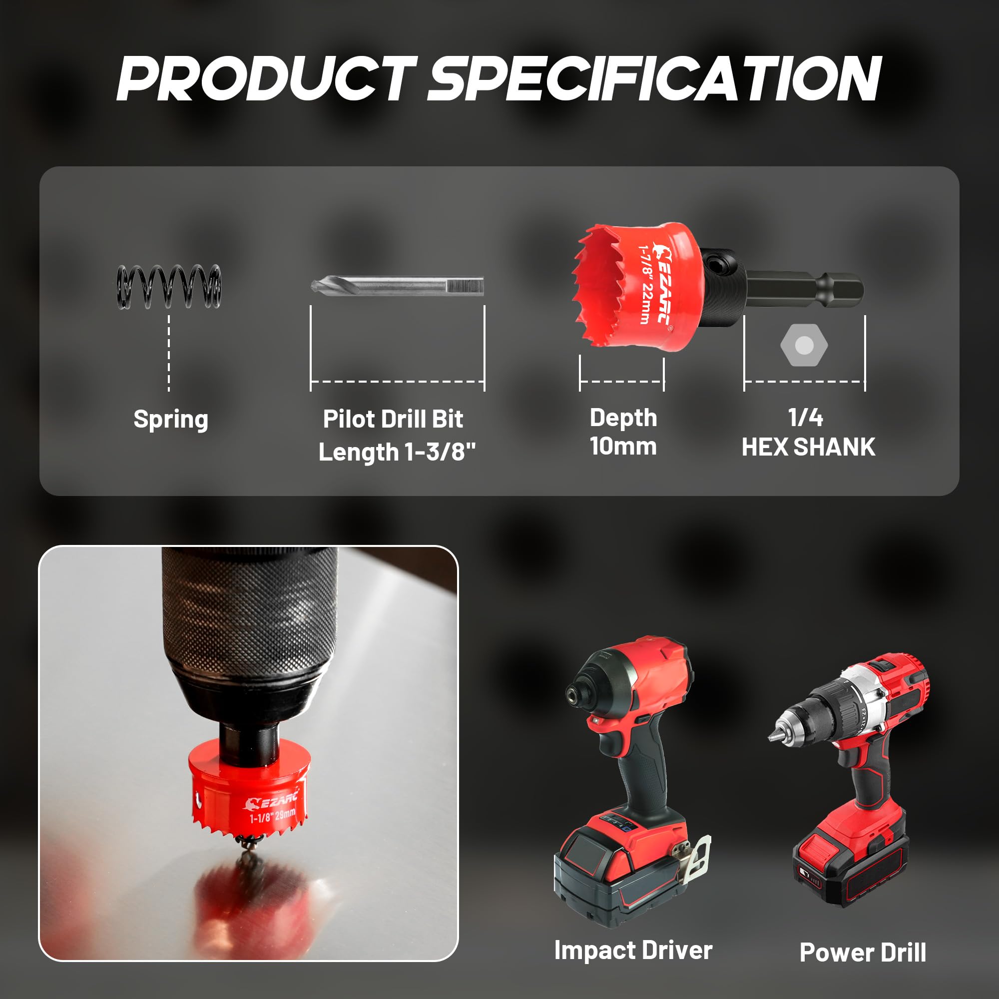 Thin Wall Hole Saw Kit, 7/8", 1-1/8", 1-3/8", Hex Key, Storage Base