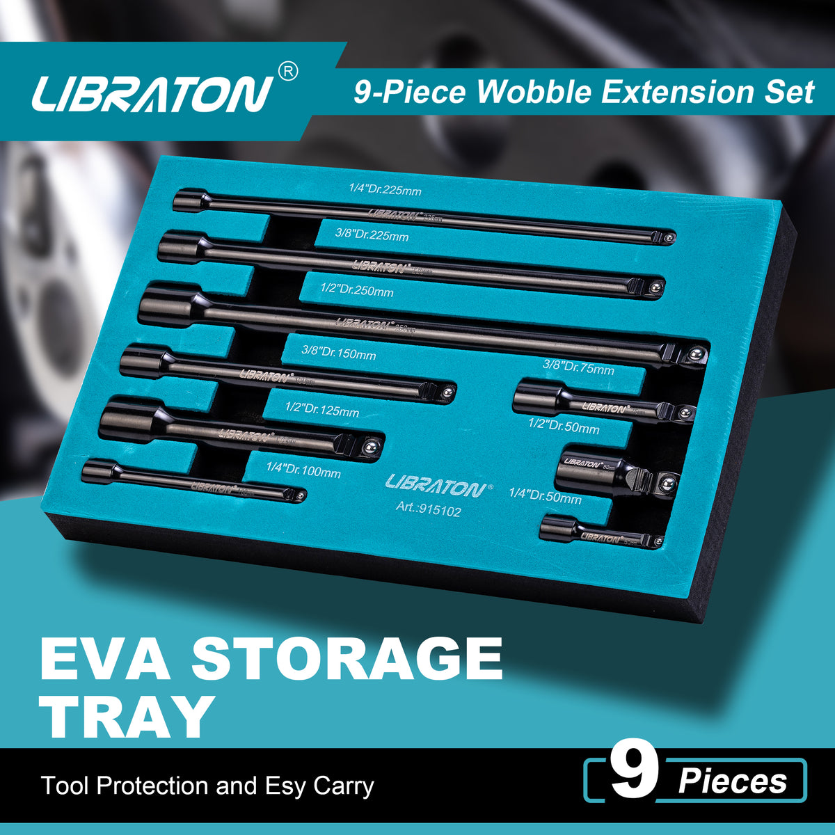 Libraton 9PCS Wobble Extension Set, 1/4" 3/8" 1/2" Drive Socket Extensions