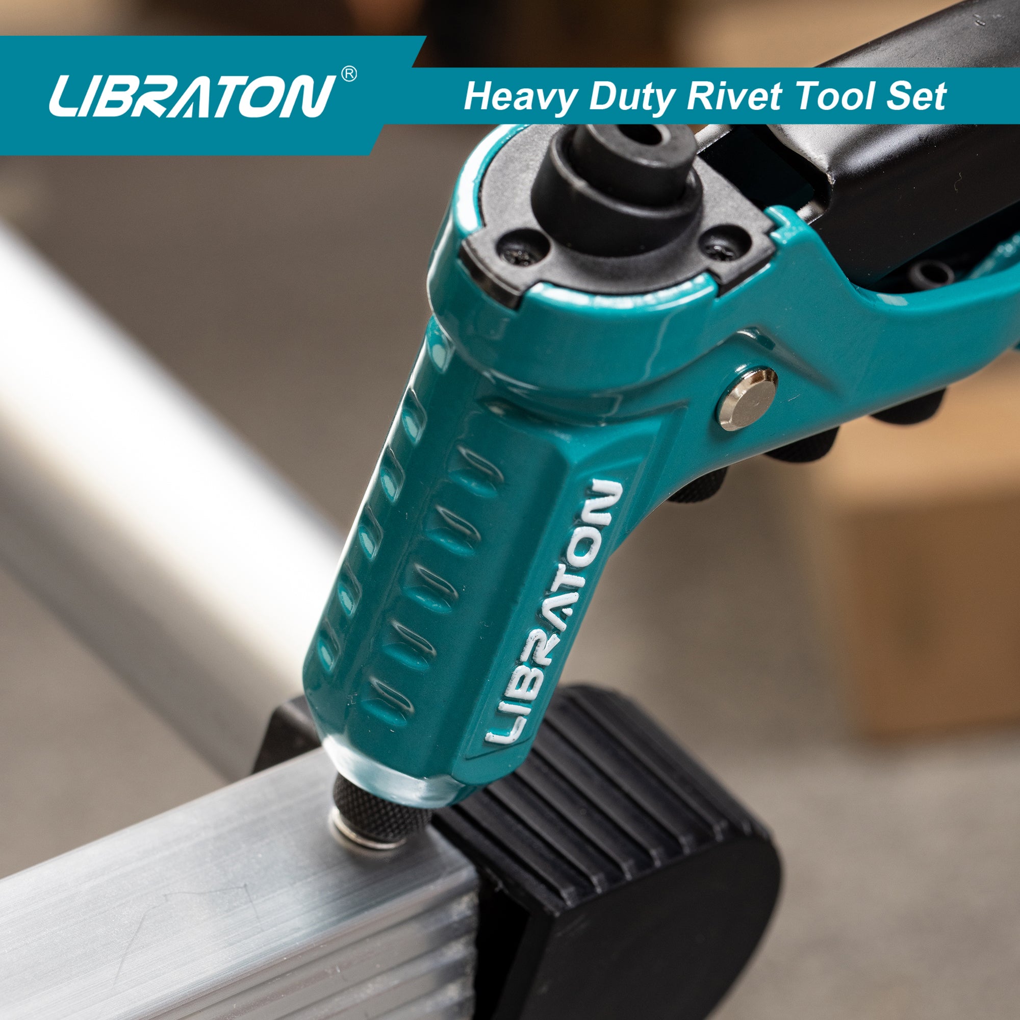Libraton One-Handed Rivet Gun, Pop Rivet Gun Set, Professional Hand Riveter, Manual Riveting Tool with 200 Rivets for Metal, Includes 4 Drill Bits, 4 Tool-Free Interchangeable Heads, Storage Case