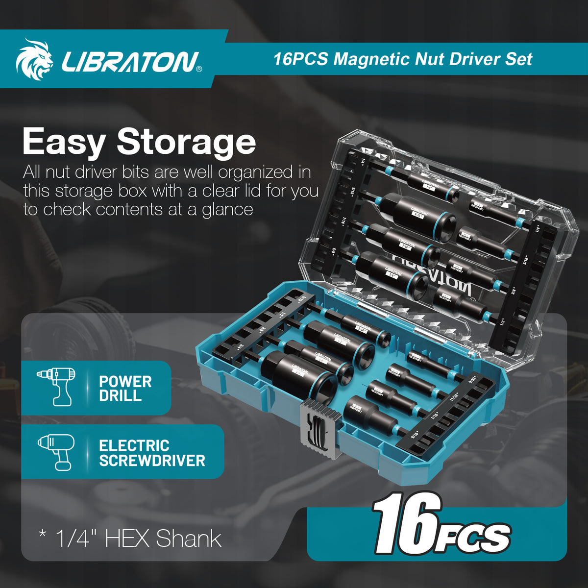 LIBRATON 16-Piece Magnetic Nut Driver Set, 1/4"-9/16" SAE&Metric, Car Repair Kit