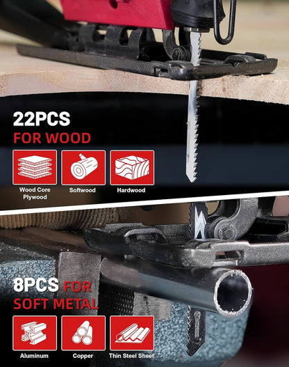 30pc T-Shank Assorted Jig Saw Blade Set for  Wood, Plastic and Metal - EZARC Tools