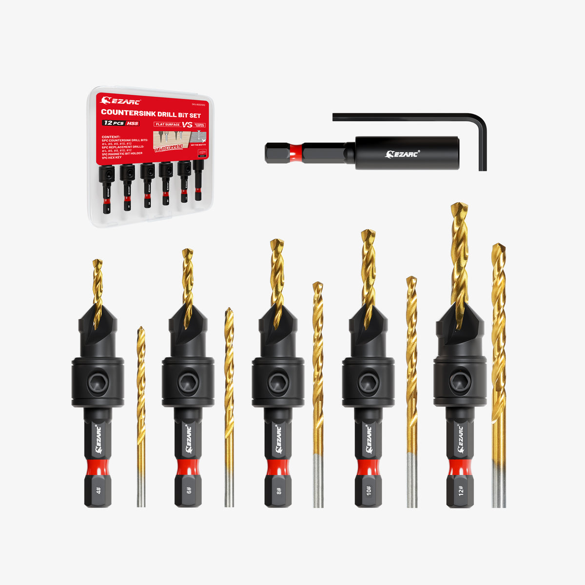 EZARC 12PCS Titanium Countersink Drill Bit Set with 5 Extra Pilot Bits