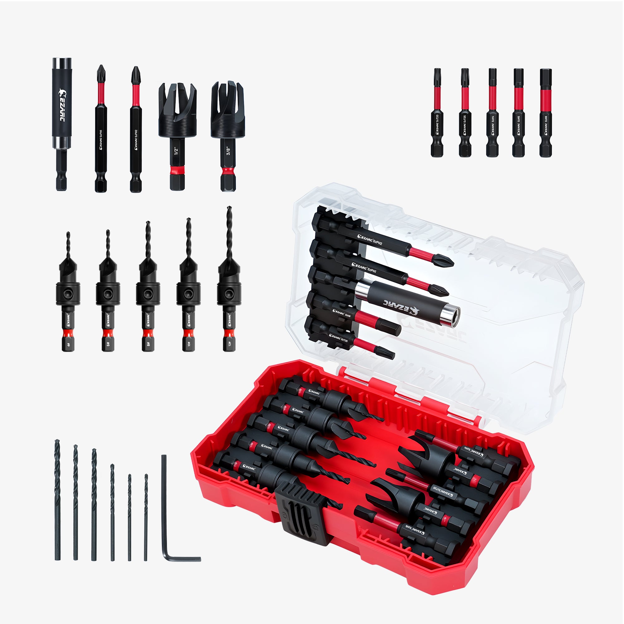 22 PCS Countersink Drill Bit Set with Plug Cutters, Screwdriver Bits & Magnetic Bit Holder, 1/4" Hex Shank for Woodworking