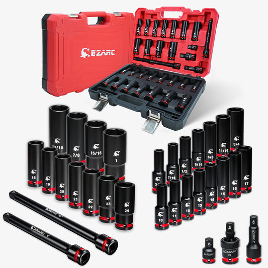 EZARC 1/2" Drive Impact Socket Set, 31-Piece SAE (3/8–1 in) and Metric (10–24 mm) Deep Sockets, CR-V Material, 3/6/10 in Extensions, Universal Joint & Adapter, Storage Case