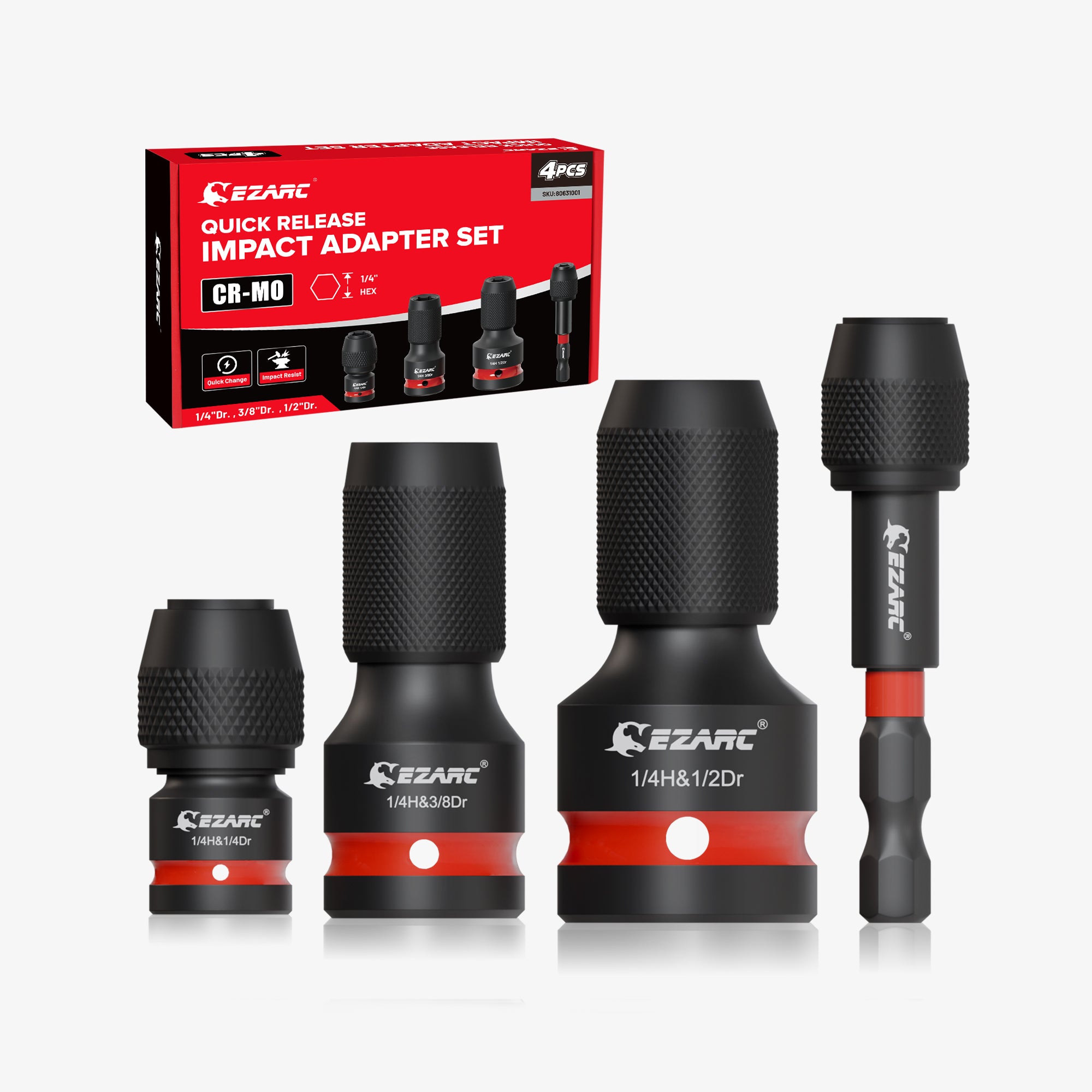 EZARC 4-Piece Impact Socket to 1/4″ Hex Adapter Set (1/2″, 3/8″, 1/4″)