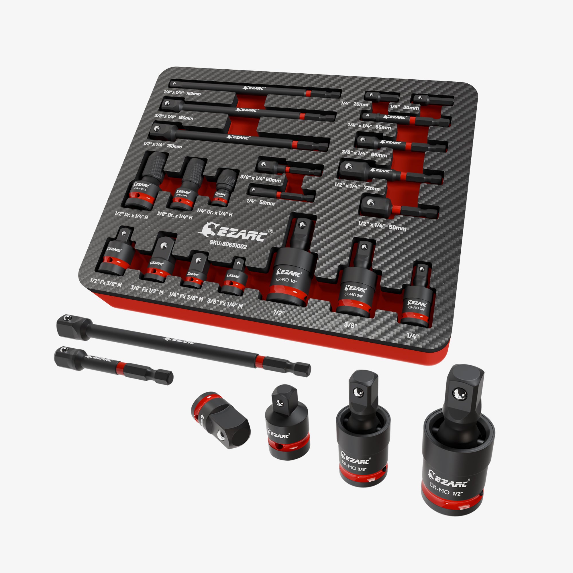 21PCS Impact Socket Adapter Set, CR-MO Swivel Sockets, CR-V Reducers & Hex Extension Bits, 1/4" 3/8" 1/2" Drive