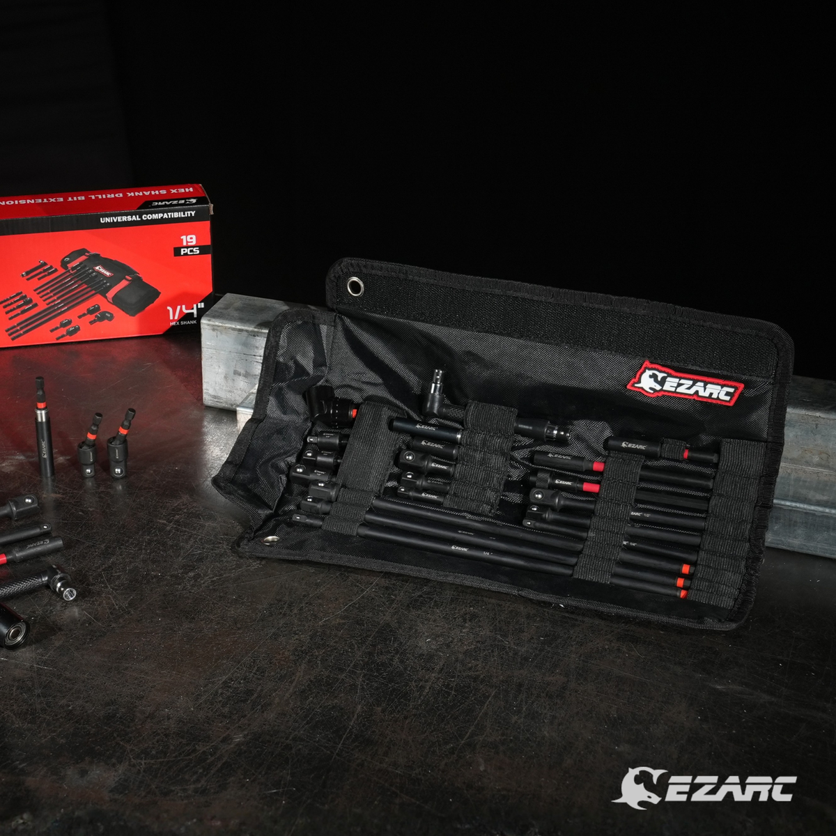 EZARC 19-Piece Impact Socket Adapter & Long Extension Set, 1/4" Hex Shank with 360° Swivel, 105° Right Angle & Oxford Roll Pouch