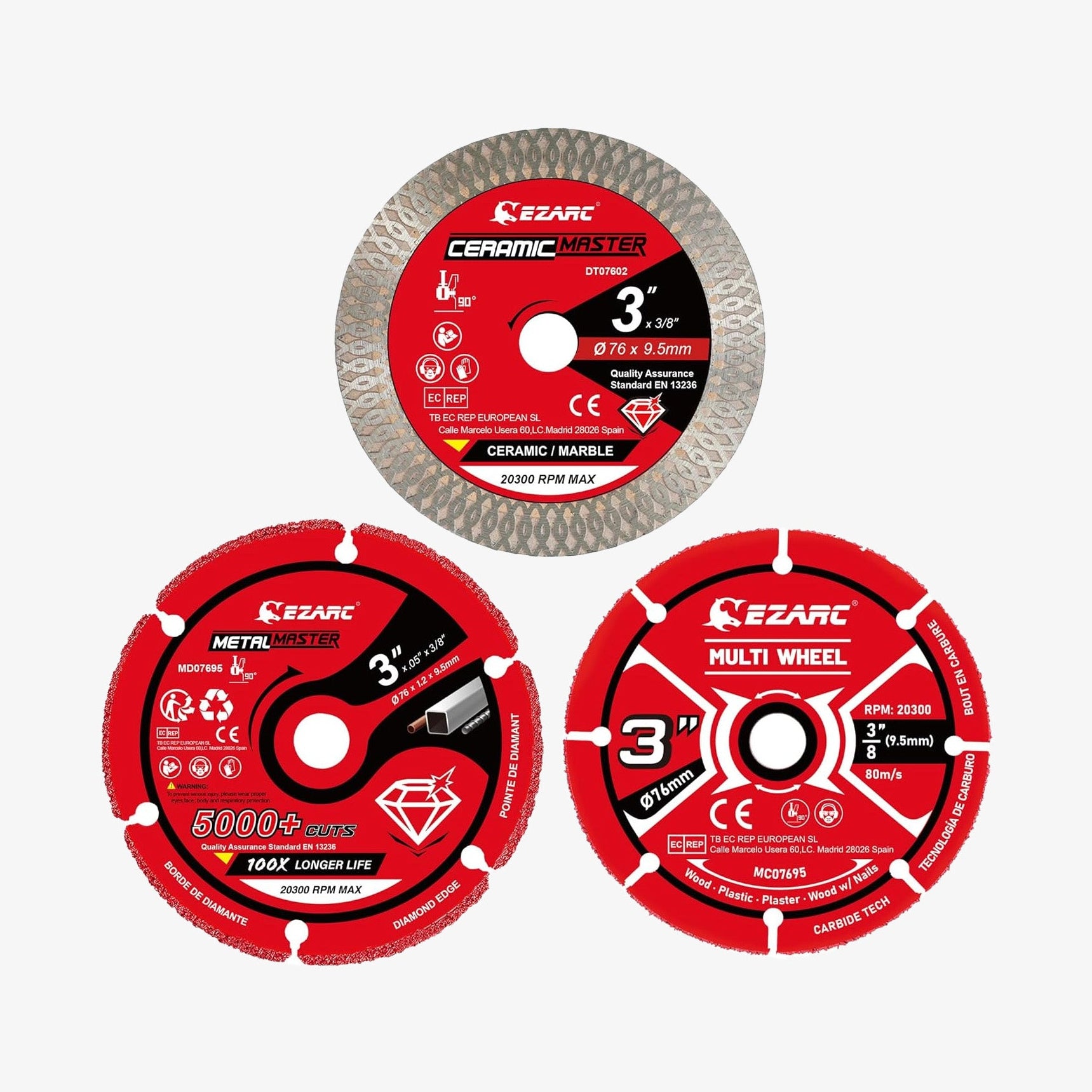 3 Inch Cut Off Wheel Set for Angle Grinder, 3 Pack with Diamond Metal Cutting Wheel, Carbide Cutting Disc, Super Thin Diamond Tile Blade, Cut for Metal, Wood, Plastic, Marble Tile, 3/8" Arbor