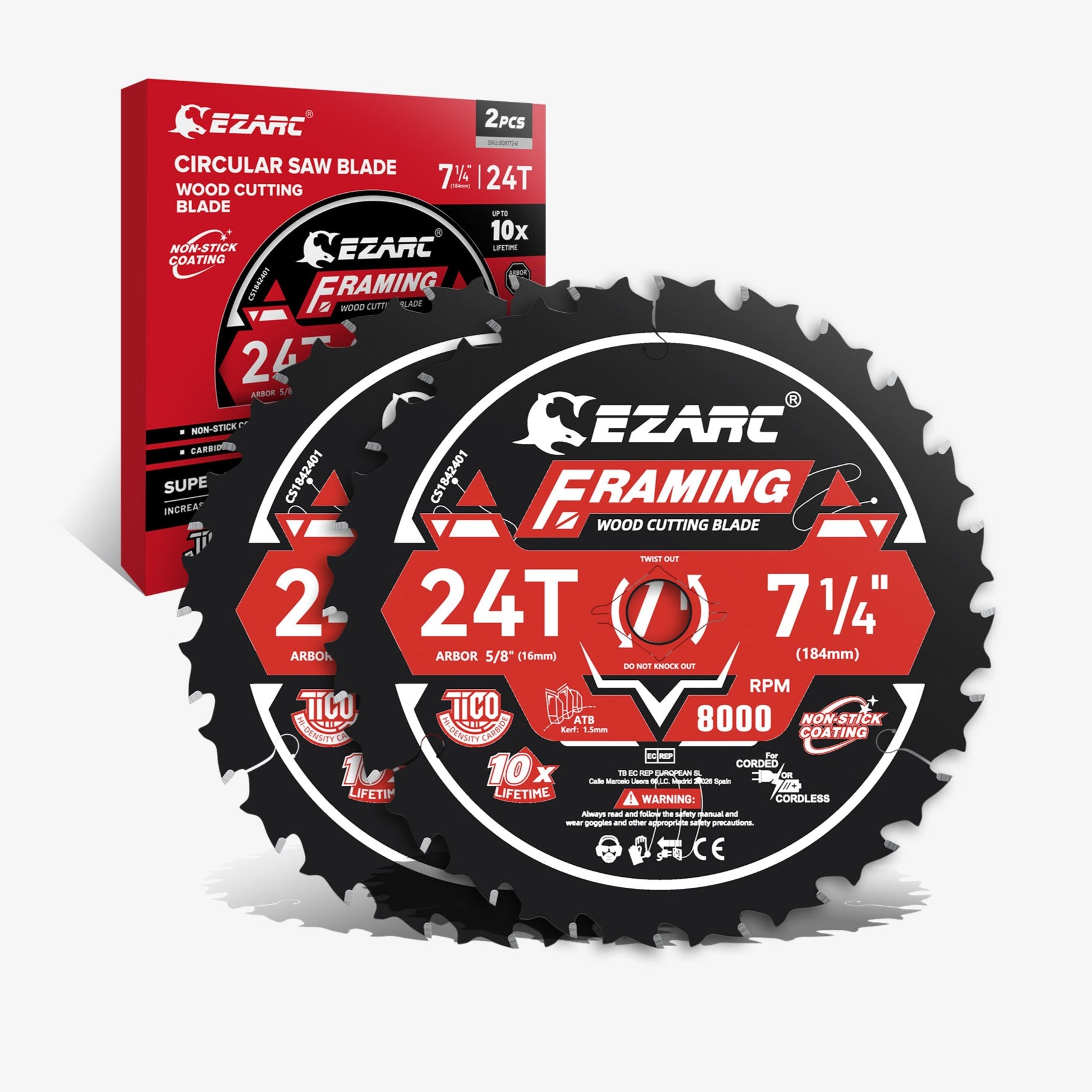 EZARC 7-1/4 Inch Circular Saw Blades Wood Cutting Blade, Ultra-Thin 1.5mm Kerf, Non-Stick Coating, 2 Pack