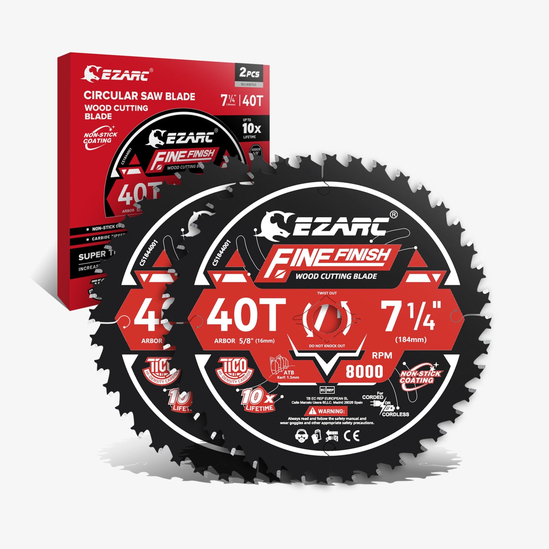 EZARC 7-1/4 Inch Circular Saw Blades Wood Cutting Blade, Ultra-Thin 1.5mm Kerf, Non-Stick Coating, 2 Pack