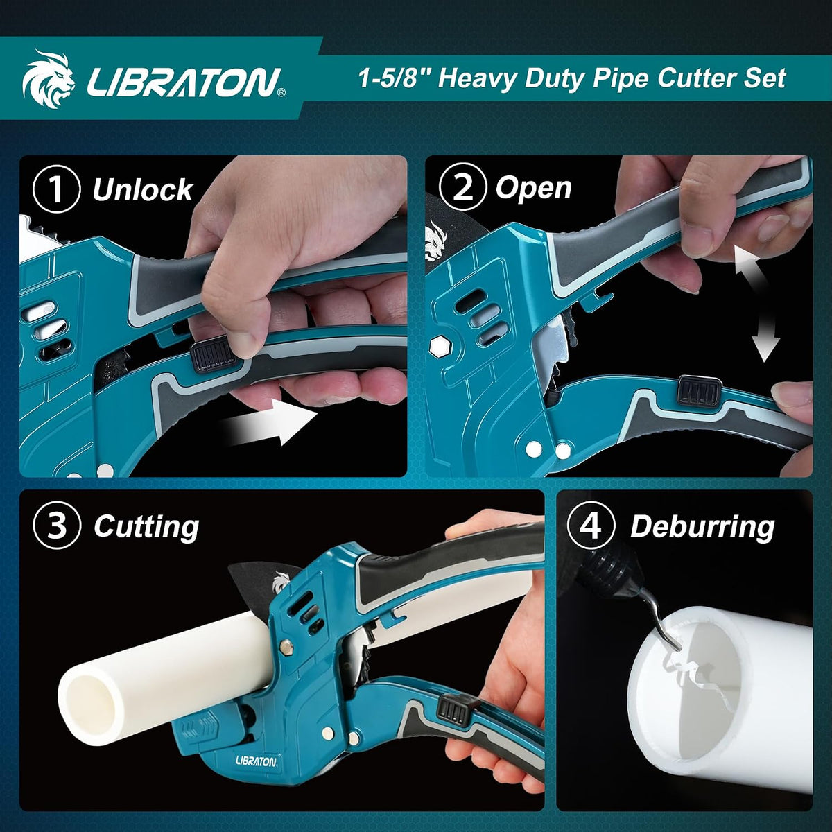 LIBRATON Adjustable Ratchet PVC Pipe Cutter, 1-5/8 Inch, with Deburring Tool - 7