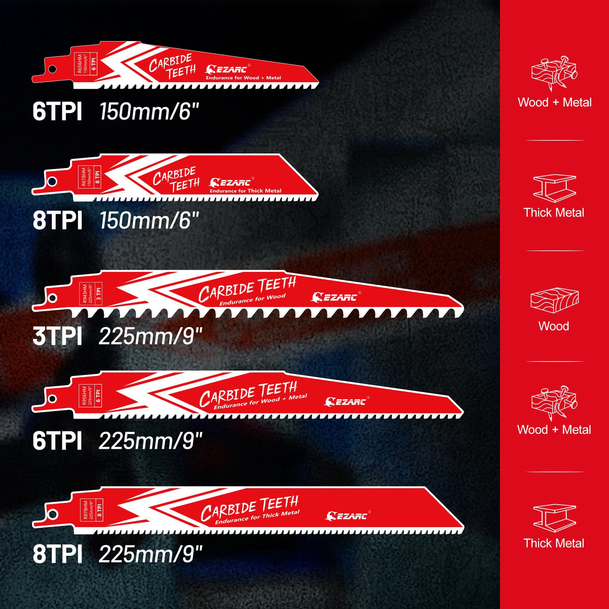 Carbide Reciprocating Saw Blades Set for Multi-Material Cutting - EZARC Tools