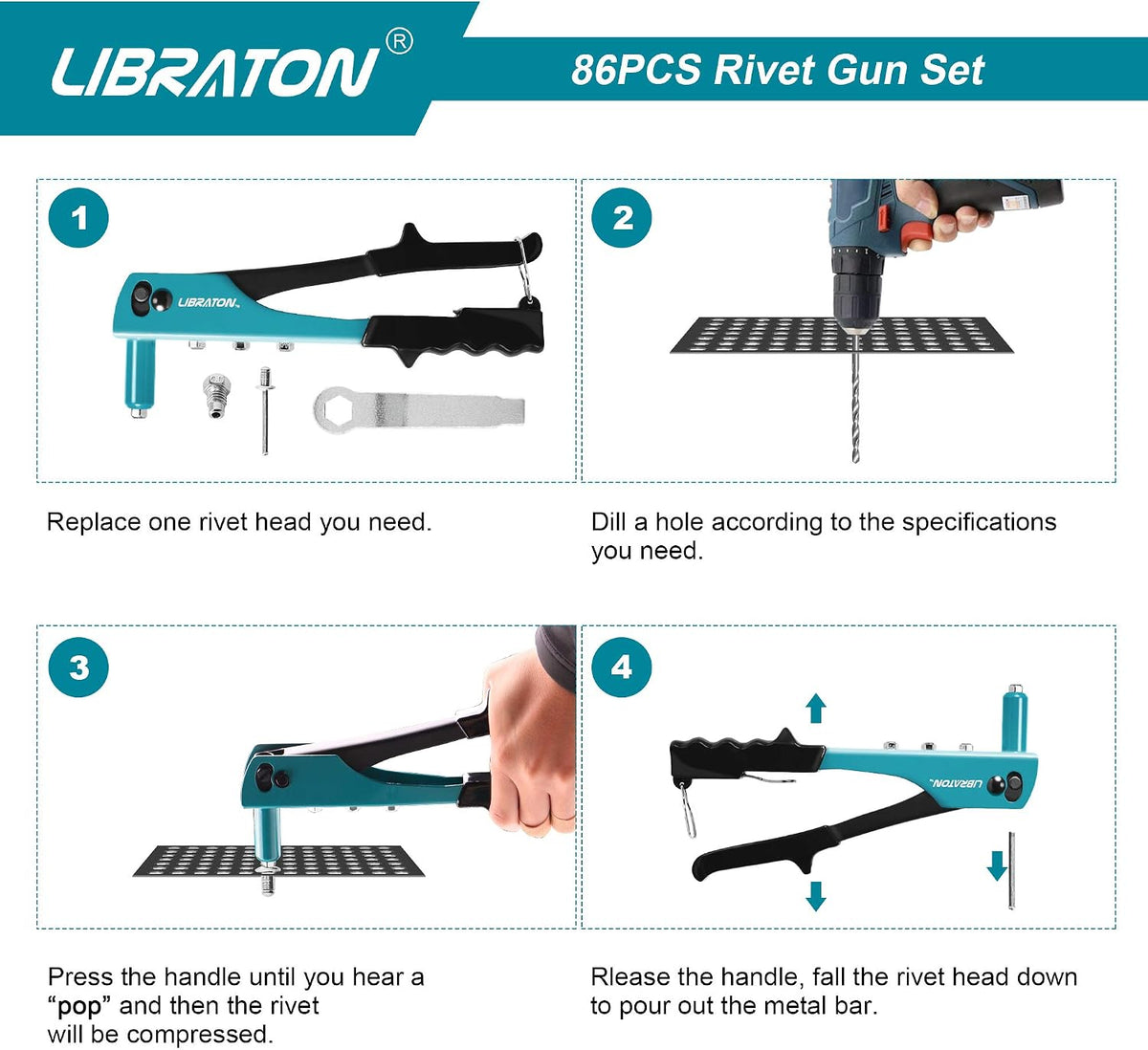 LIBRATON 10-Inch Hand Riveter Kit with 80 Aluminum Rivets and Drill Bits - 2