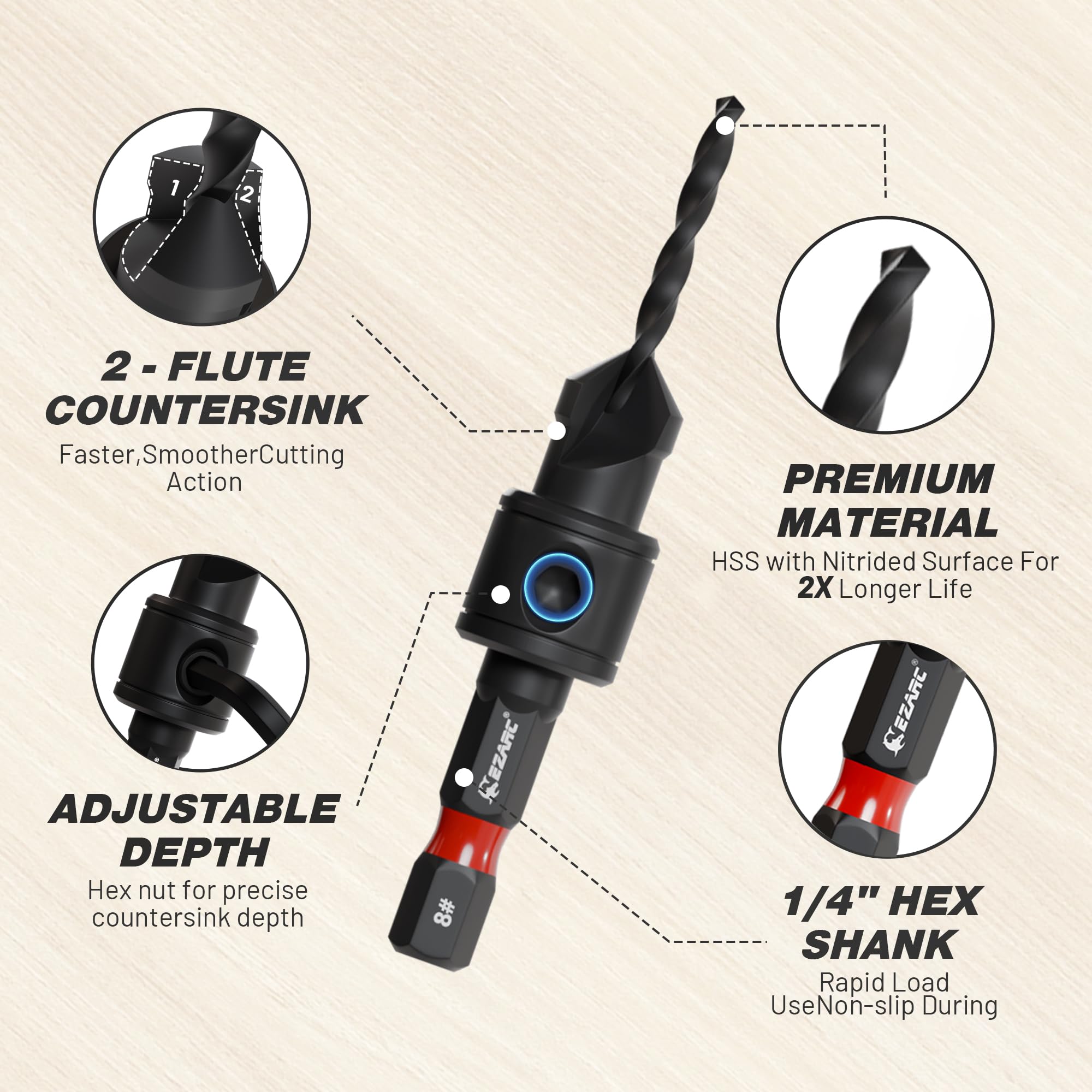 22 PCS Countersink Drill Bit Set with Plug Cutters, Screwdriver Bits & Magnetic Bit Holder, 1/4" Hex Shank for Woodworking
