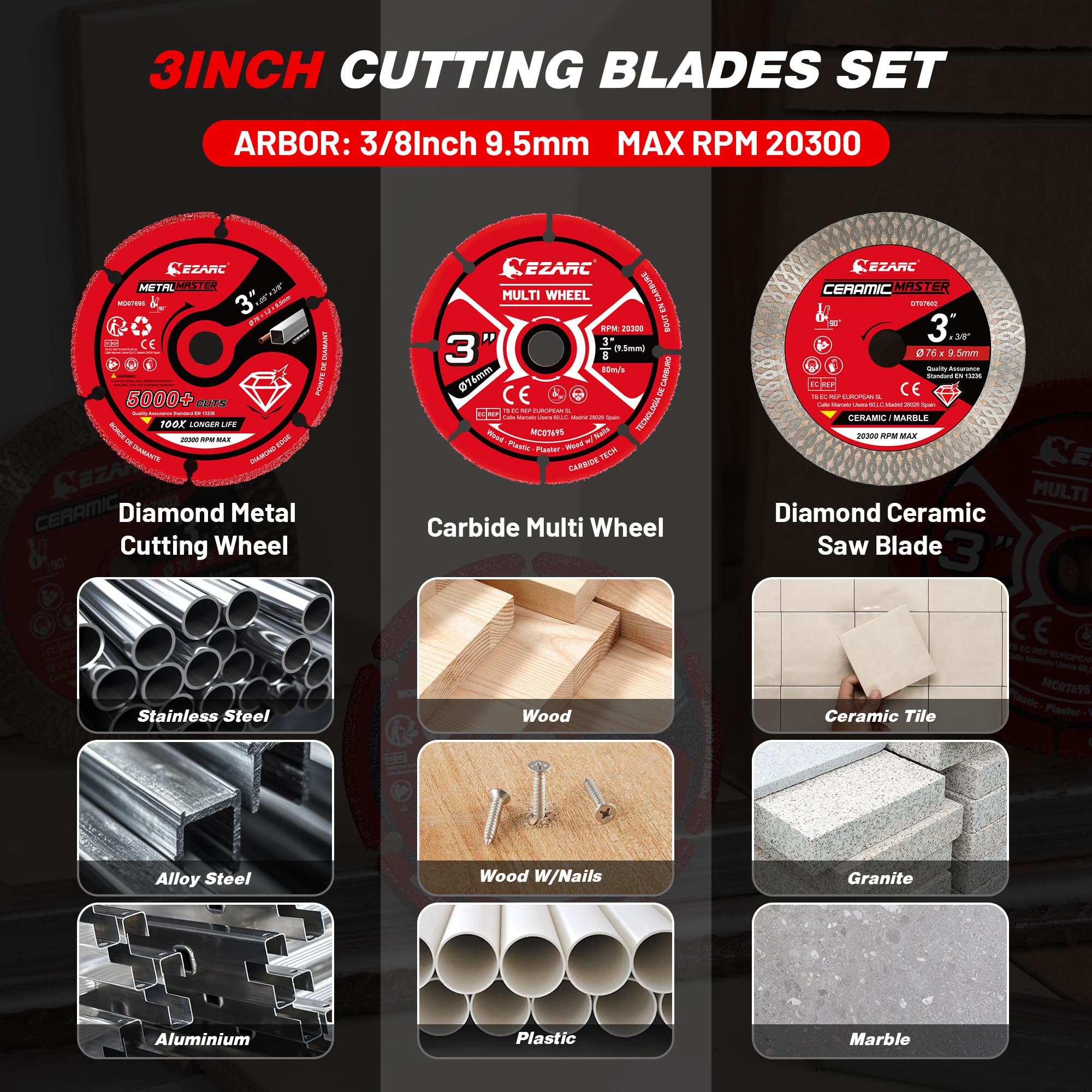 3 Inch Cut Off Wheel Set for Angle Grinder, 3 Pack with Diamond Metal Cutting Wheel, Carbide Cutting Disc, Super Thin Diamond Tile Blade, Cut for Metal, Wood, Plastic, Marble Tile, 3/8" Arbor