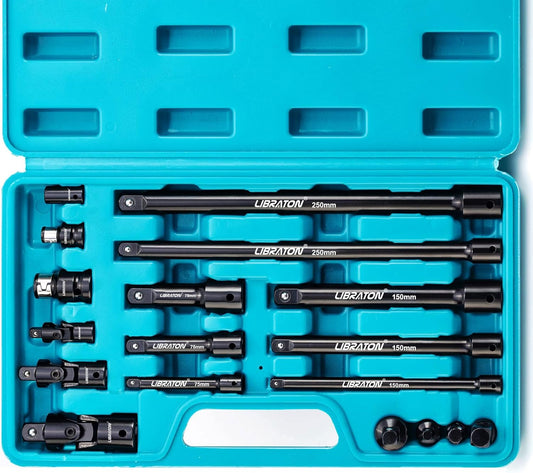 Libraton Juego de 18 piezas de extensión de vaso y accesorios de trinquete, 1/4" 3/8" 1/2"