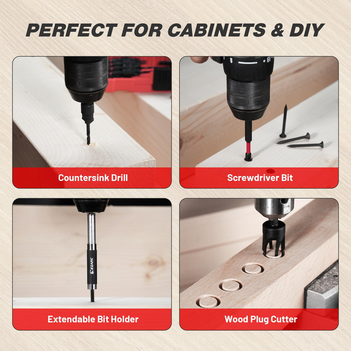 22 PCS Countersink Drill Bit Set with Plug Cutters, Screwdriver Bits & Magnetic Bit Holder, 1/4" Hex Shank for Woodworking