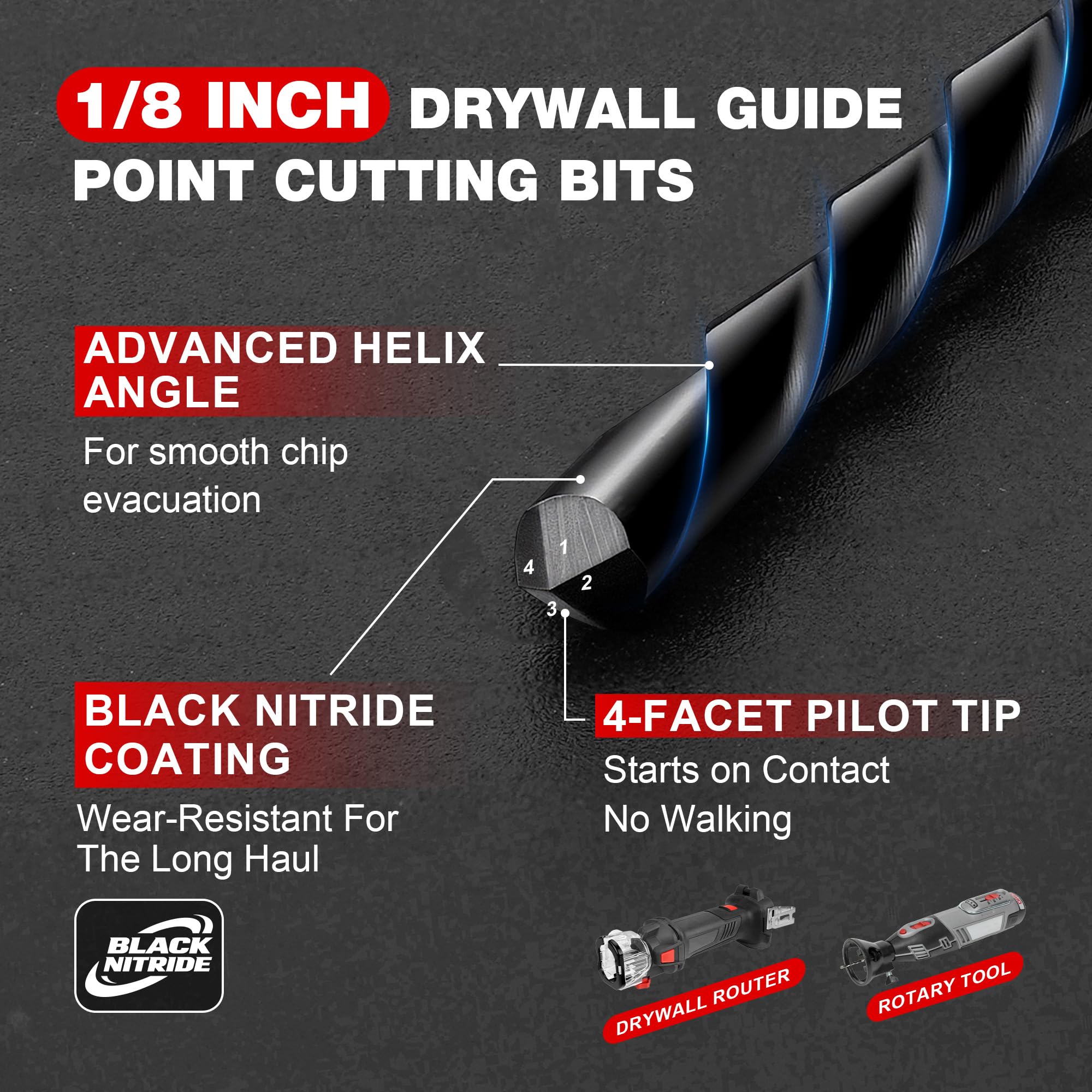 1/8 Inch Drywall Guidepoint Cutting Bits with Storage Case for Drywall Wood Plastic