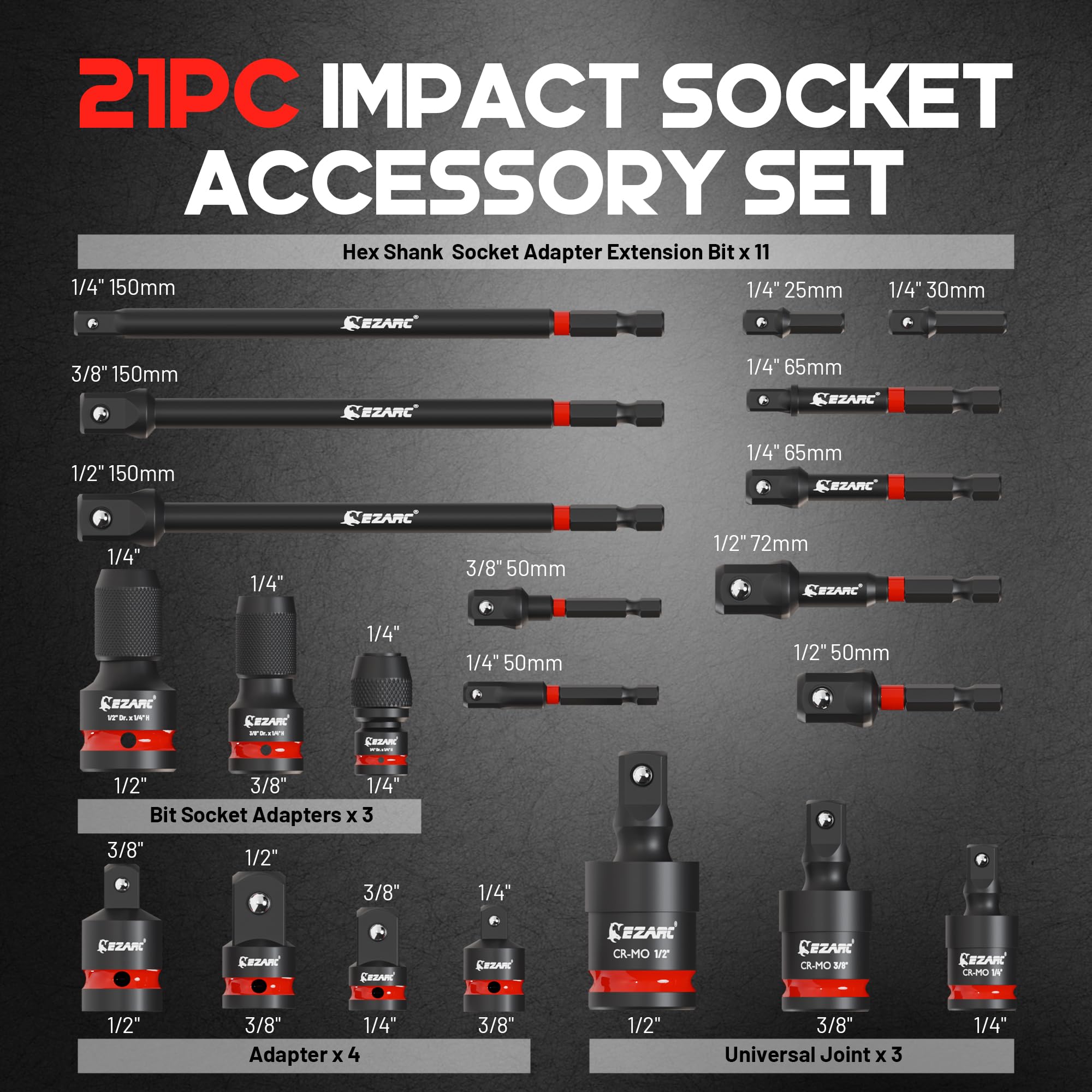 21PCS Impact Socket Adapter Set, CR-MO Swivel Sockets, CR-V Reducers & Hex Extension Bits, 1/4" 3/8" 1/2" Drive