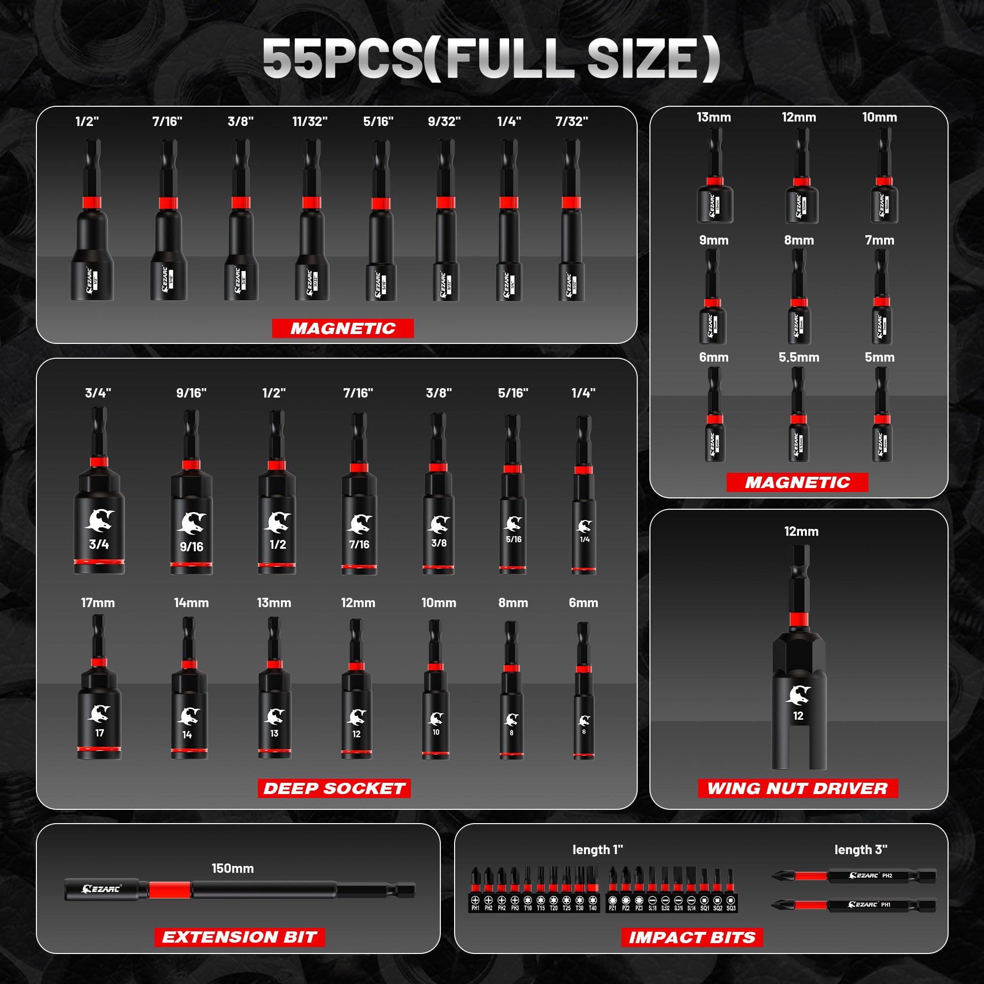 55PCS Magnetic Impact Nut Driver Set with Socket Adapters, Wing Nut Setter, S2 Bits & Extension – Fits Impact Drills/Wrenches