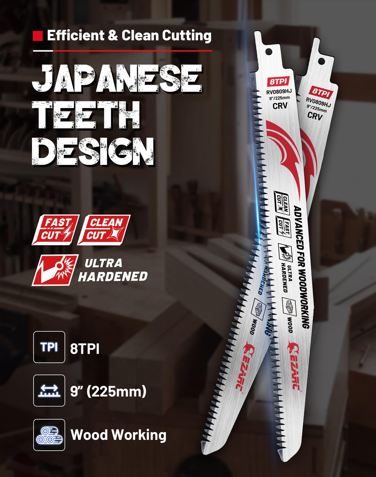 8TPI, Japanese Teeth Reciprocating Saw Blade, Arc Edge Wood Pruning Saw Blades for Tree Trimming, Wood Cutting - EZARC Tools