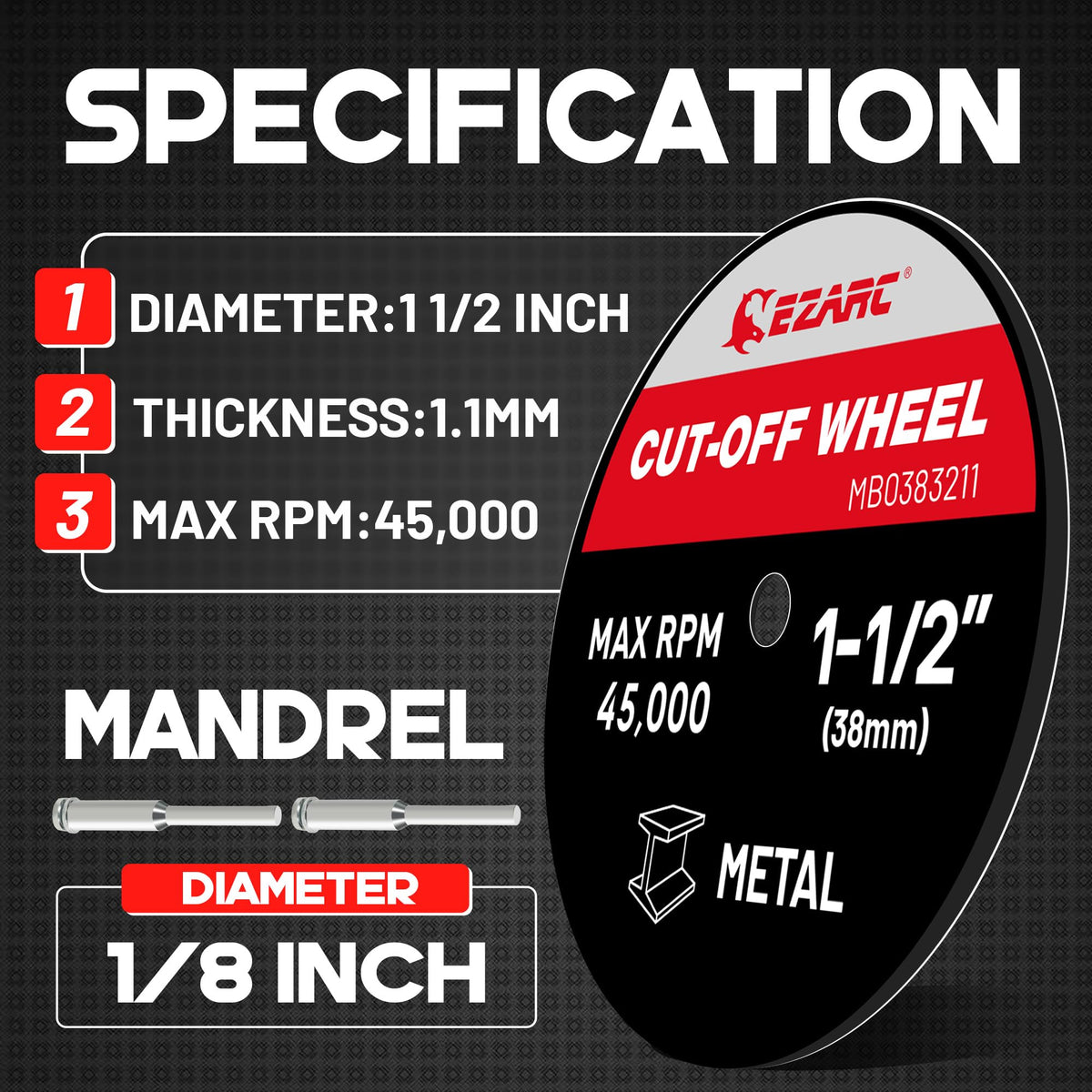 1-1/2 Fiberglass Reinforced Cutting Disc For Hardened Steel, Aluminum, Plastic - EZARC Tools