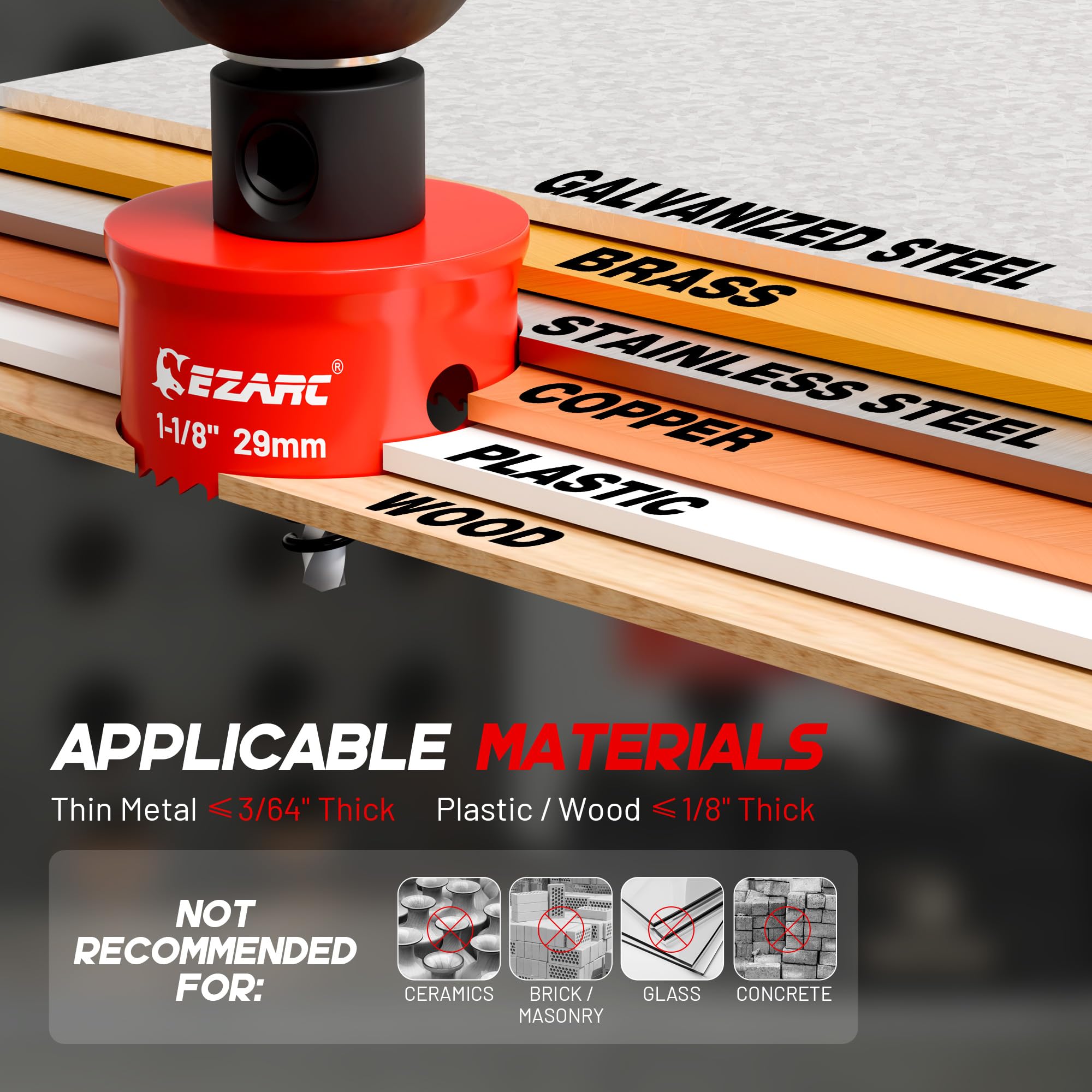 Thin Wall Hole Saw Kit, 7/8", 1-1/8", 1-3/8", Hex Key, Storage Base