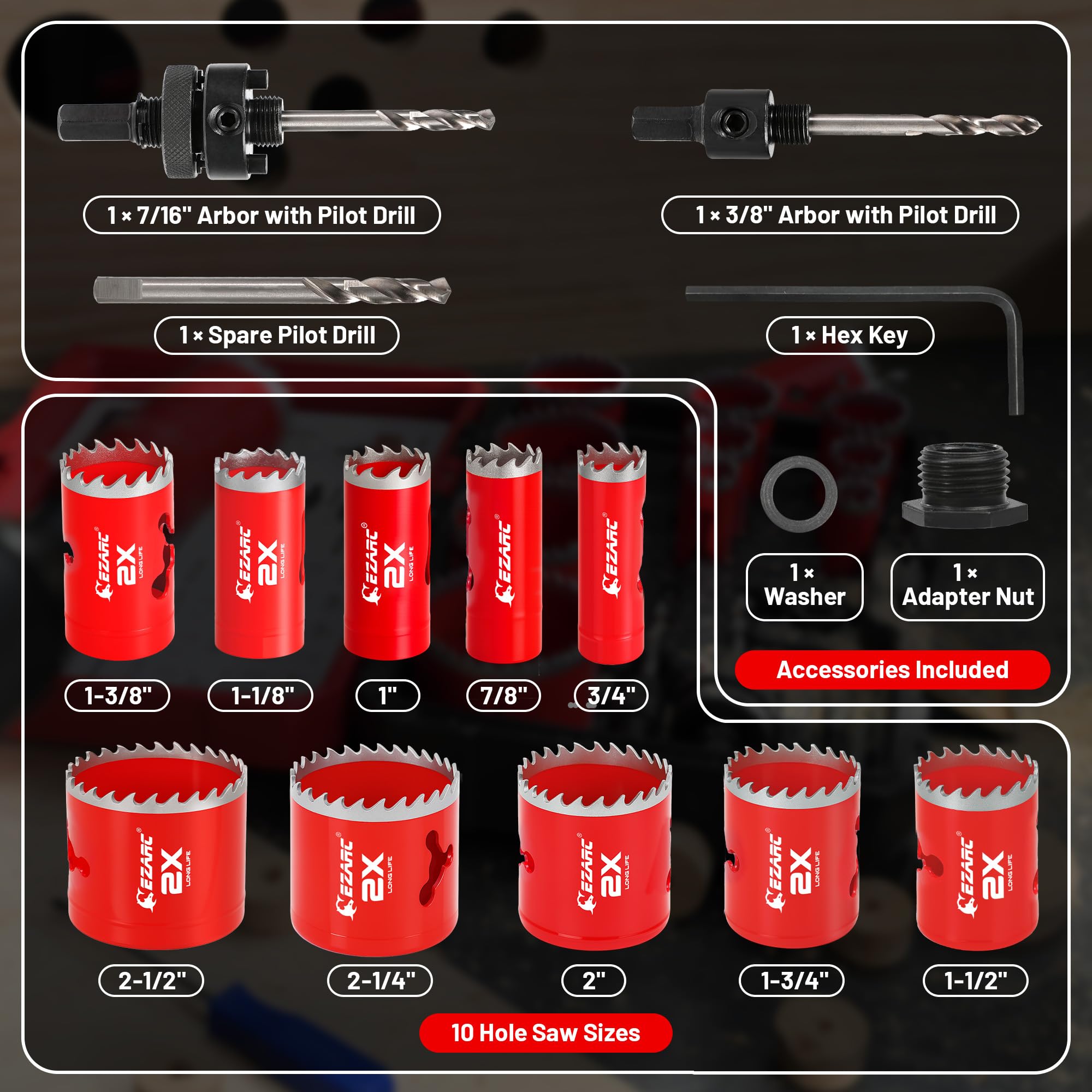 EZARC 16Pcs Bi-Metal Hole Saw Kit Set with 3/4"-2-1/2"(19-64mm) for Wood, Metal, Plywood, PVC Board