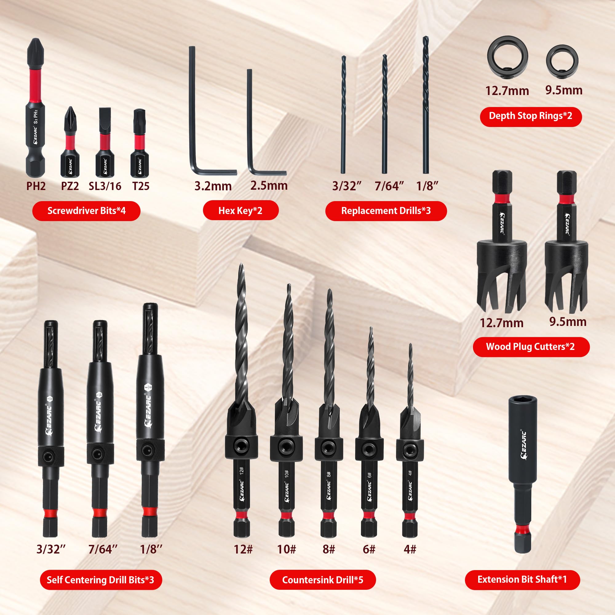 EZARC Countersink Drill Bit Set, 22PCS Counter Sink Drill Bit for Wood with Self Centering Drill Bits, Wood Plug Cutters,Screwdriver Bits, Magnetic Extension Bit Holder, 1/4" Hex Shank & Storage Box